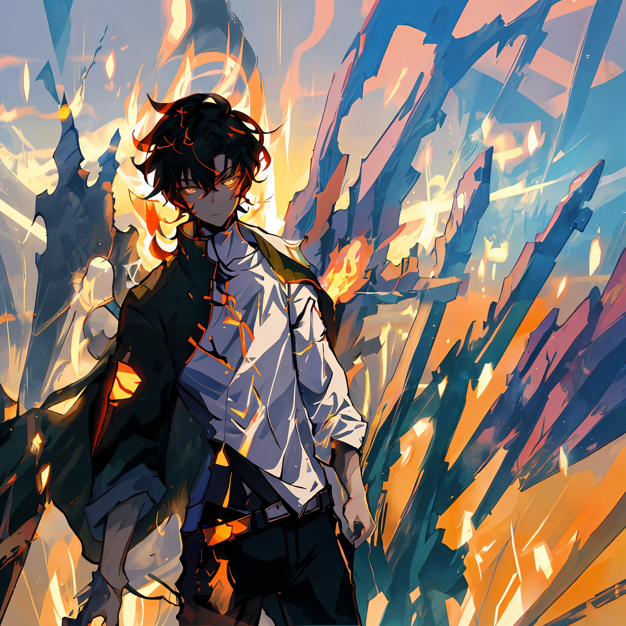 A cyberpunk-style two-dimensional boy, with his left hand bent and pointing at the sky, the background is a burning sky, high-definition, with clear details of fingers