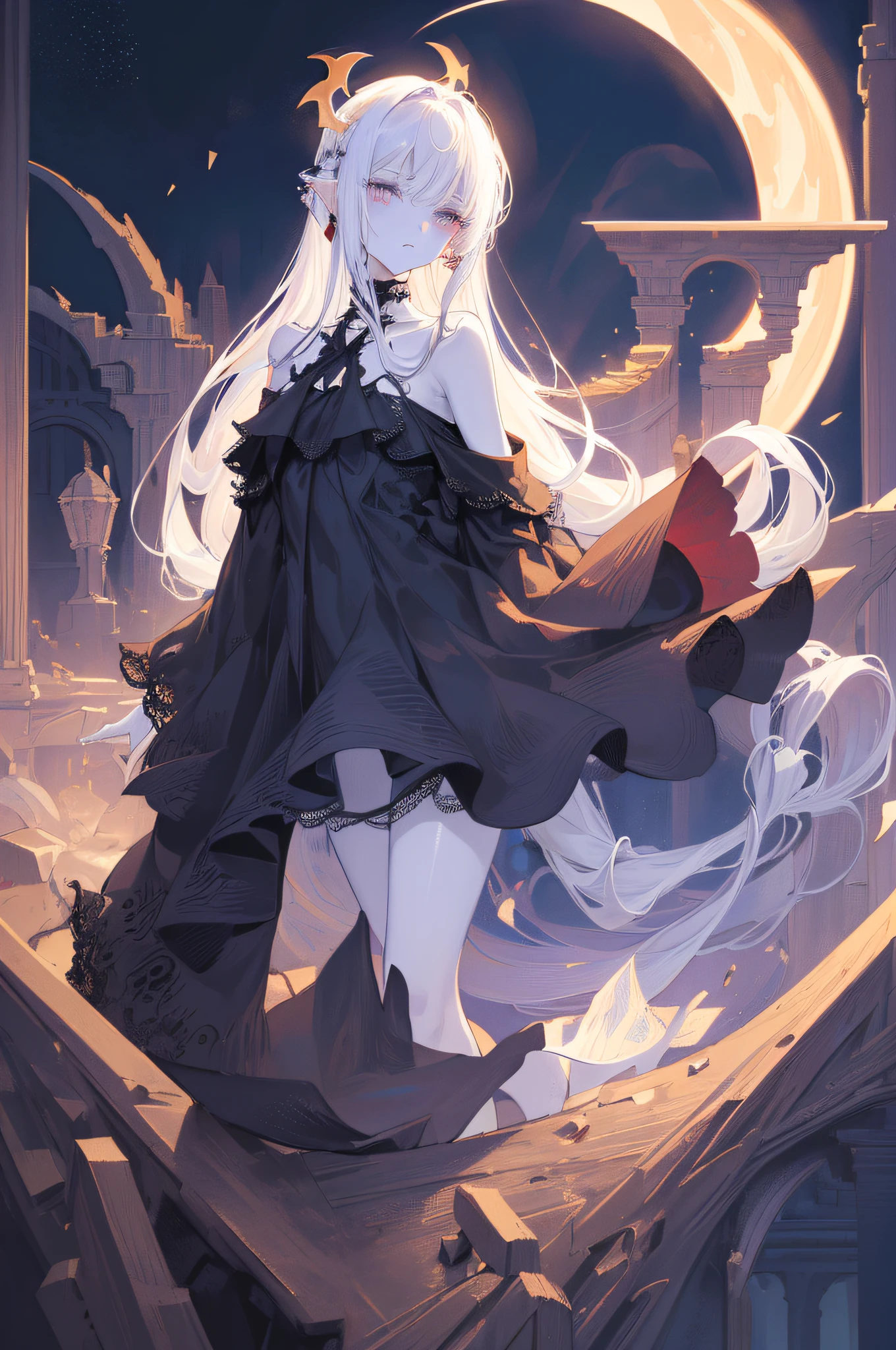 [Detailed illustrations, art based on extremely ideal anatomy, very detailed and detailed drawings, slow and delicate lines, realistic texture expression],((Color tressed main lines)),(Artwork with outstanding craftsmanship),(Midnight ruins (Background of a stone castle leaking in moonlight)) Full Moon,Vampire Girl Japanese Beauty ((Beautiful but sick face, sunken eyes)) Skinny  (delicate and bony figure) Bare feet (((straight cropped bangs)) Fine beautiful straight long hair (black cat),(Beautiful skin shining on the moon (pale skin)),Cloak of darkness (ribbon lace embroidery),(ephemeral melancholy)) (Moonlight))) Gravure (Sedentary) ((Tindall effect)),((Dark fantasy)),((Fine and beautiful skin expression ( Transparency))),((Clear line of sight)),((Perfect eye details (Beautifully drawn iris))),(Perfect and beautiful face (Realistic face details)),((Beautiful hair details)),(Perfectly proportioned proportions)),(High-level built design,((Advanced structural understanding)),Ideal color coordination),((Complex decoration (Ultra-dense details))),(Detail, High Definition),[Ultra-Precision Detail,High Quality,High Resolution,((Multilayer Texture))],((Accurate simulation of light-material interaction, understanding of air flow, mechanically correct representation)),(((Visual art with a sense of narrative)).