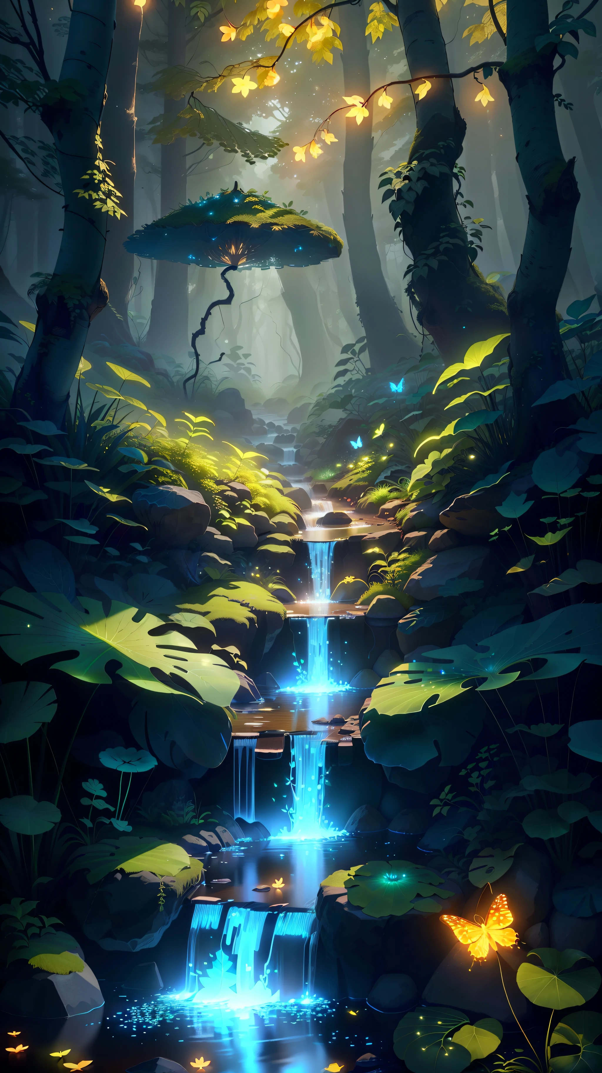 9:16 Full picture, masterpiece, best quality, (very detailed CG unity 8k wallpaper), (best quality), (best illustration), (best shadows), forest with natural elements theme. Tall trees, quiet streams, small glowing mushrooms surrounded by delicate leaves and branches, with fireflies and glowing particle effects,, (natural elements), (jungle theme), (leaves), (twigs), (fireflies), butterflies, (delicate leaves), (glow), (particle effects). , Isometric 3D, Octane Rendering, Ray Traced, Super Detailed