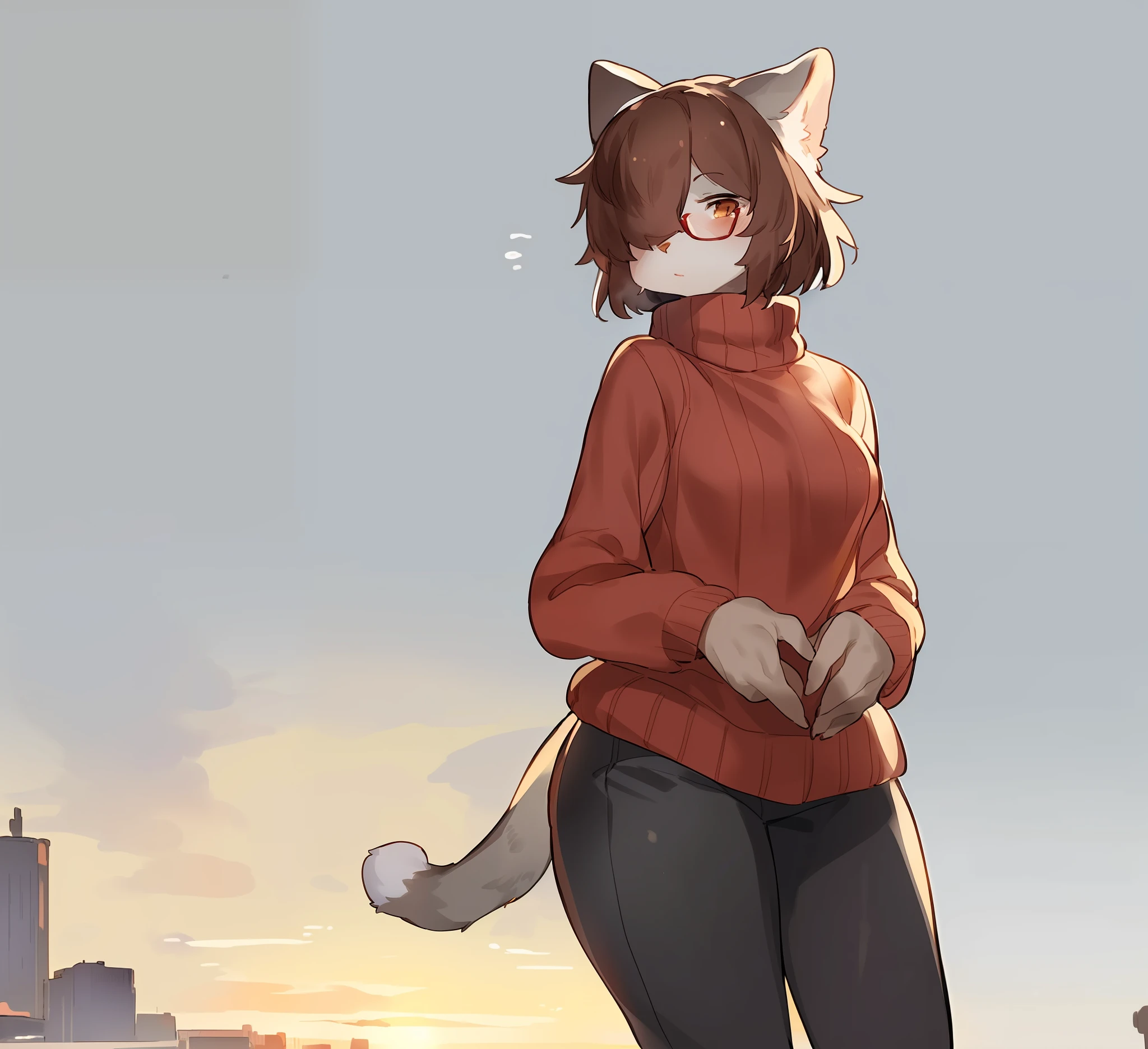 Solo, anthro, feline, domestic cat, grey fur, grey body, brown hair, short hair, hair over eye, brown eyes, red glasses, sweater, turtleneck, by bebebebebe, by pgm300, by buta99, by suurin 2, by sindoll, by kishibe