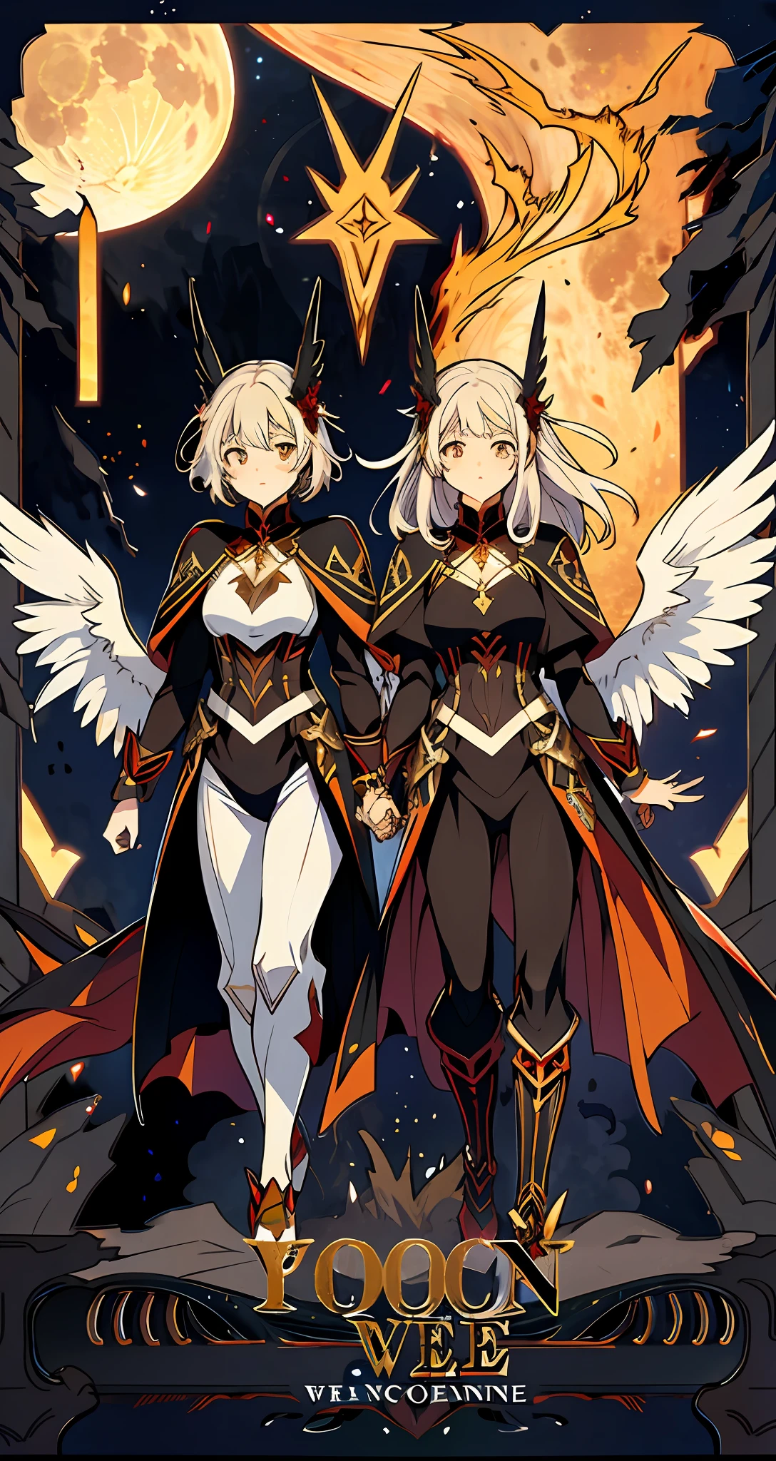 Yellow Moon, vampire, Bright eyes, glowing eyes walking on dead bodies, apocalypse, Armageddon background, apocalypse background, war background, beasts background, soldiers background, angel wings, flying dragons background, sister and brother, siblings, duo, back to back