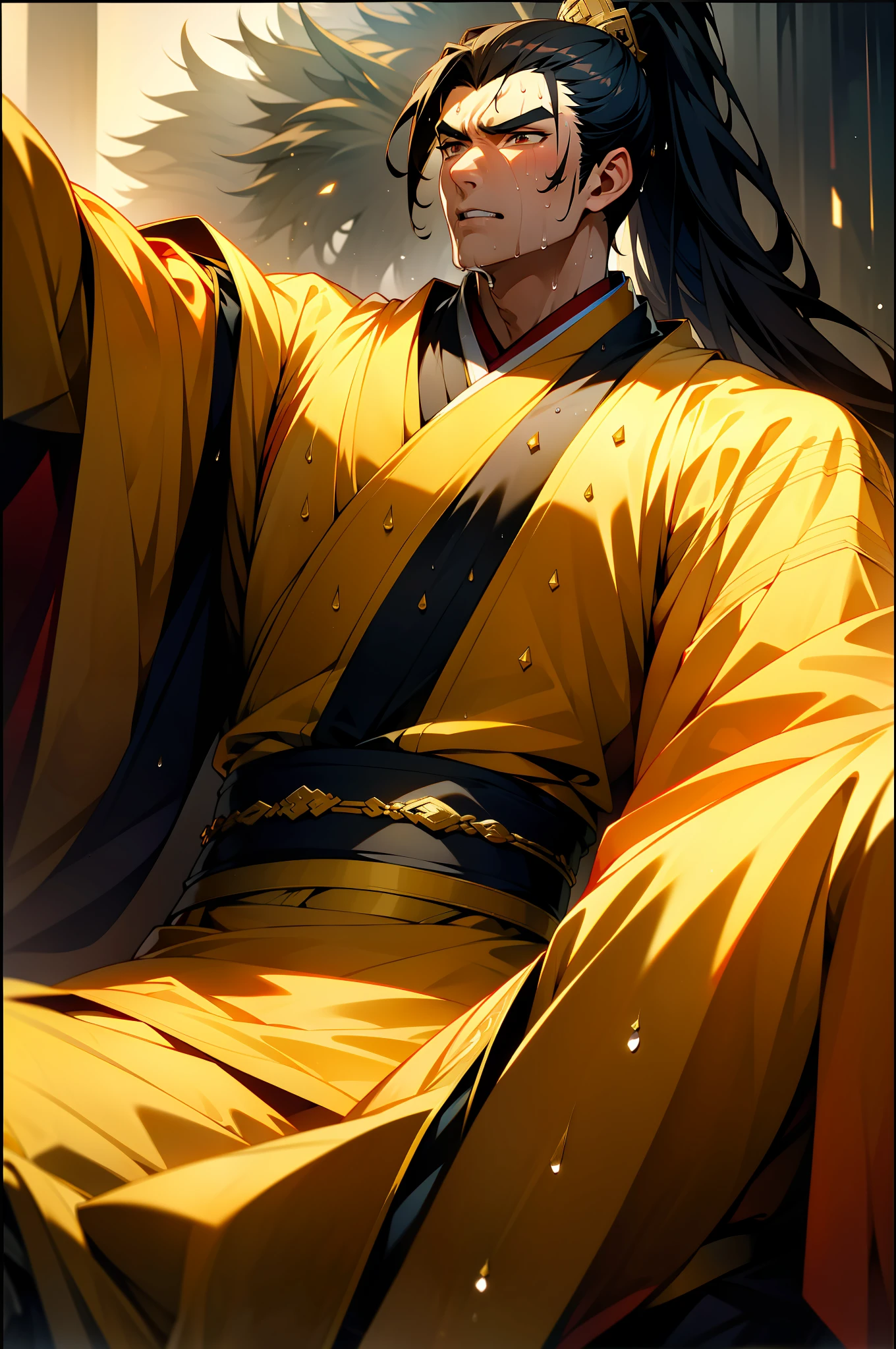 (8k), (highest quality), (masterpiece), two-dimensional, anime style, man (male warrior), squat, crotch sweat, crotch sweat, muscle, correct proportions, face details, martial arts, high ponytail hairstyle, sweating, pectoralis sweating, abdominal sweating, face sweating, drooling, neck details, with Adam's apple, wet, wet, Hanfu costume, long robe, embroidered robe, dragon robe, clothes details, collar, long sleeves, game quality, swordsman demeanor, light and shadow tracing, ray tracing, detail glowing, CG rendering, hair details, Long black hair, golden eyes, sweaty face, handsome, handsome, sweat beads slipping down the neck, (juvenile feeling), complex clothing, wet, wet, perfect composition, refinement, high quality, more details, lots of details, complex background, sense of atmosphere,