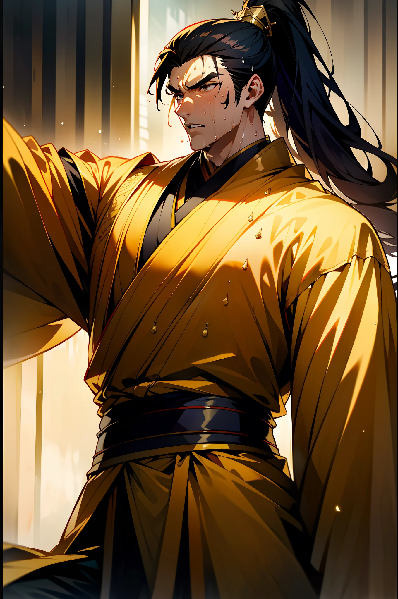 (8k), (highest quality), (masterpiece), two-dimensional, anime style, man (male warrior), squat, crotch sweat, crotch sweat, muscle, correct proportions, face details, martial arts, high ponytail hairstyle, sweating, pectoralis sweating, abdominal sweating, face sweating, drooling, neck details, with Adam's apple, wet, wet, Hanfu costume, long robe, embroidered robe, dragon robe, clothes details, collar, long sleeves, game quality, swordsman demeanor, light and shadow tracing, ray tracing, detail glowing, CG rendering, hair details, Long black hair, golden eyes, sweaty face, handsome, handsome, sweat beads slipping down the neck, (juvenile feeling), complex clothing, wet, wet, perfect composition, refinement, high quality, more details, lots of details, complex background, sense of atmosphere,