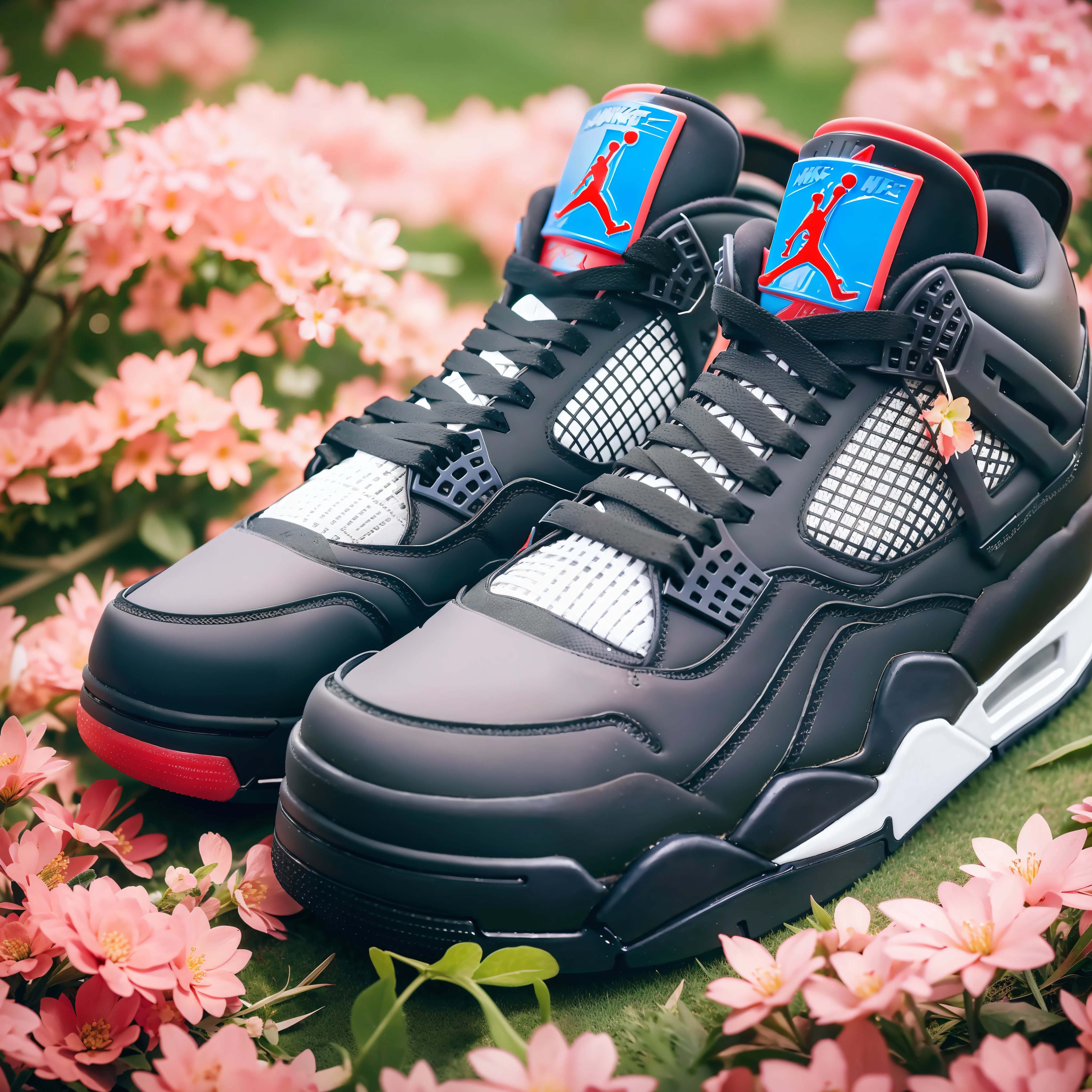 (Nike Air Jordan 4 basketball shoes), (Air Jordan 4 Retro Lightning), flowers, realistic style, air, backlight, flowers, petals, outdoor, product shooting, tyndall effect, lens flare, shadow, bloom, backlight, depth of field, natural lighting, (best quality), HD, 32k, detail features