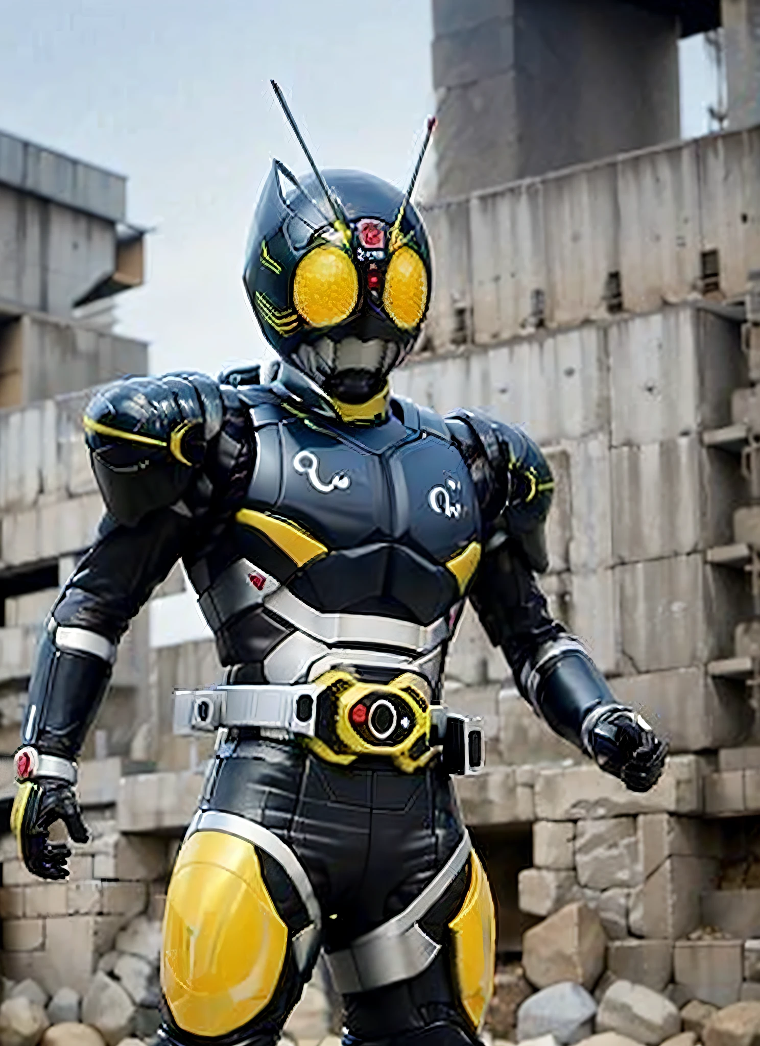 (sfw), 8k, RAW photo, Fujifilm eterna style photo,  (dark:1.4), (backlit photography:1.4), (facing viewer:1.2), full body ,(kamen rider:1.1), multicolored (exosuit:1.2) with neon eyes, armored (belt and gauntlet:1.1), outdoor,  fighting stance, (highly detailed:1.4), BREAK by Alyssa Monks ,