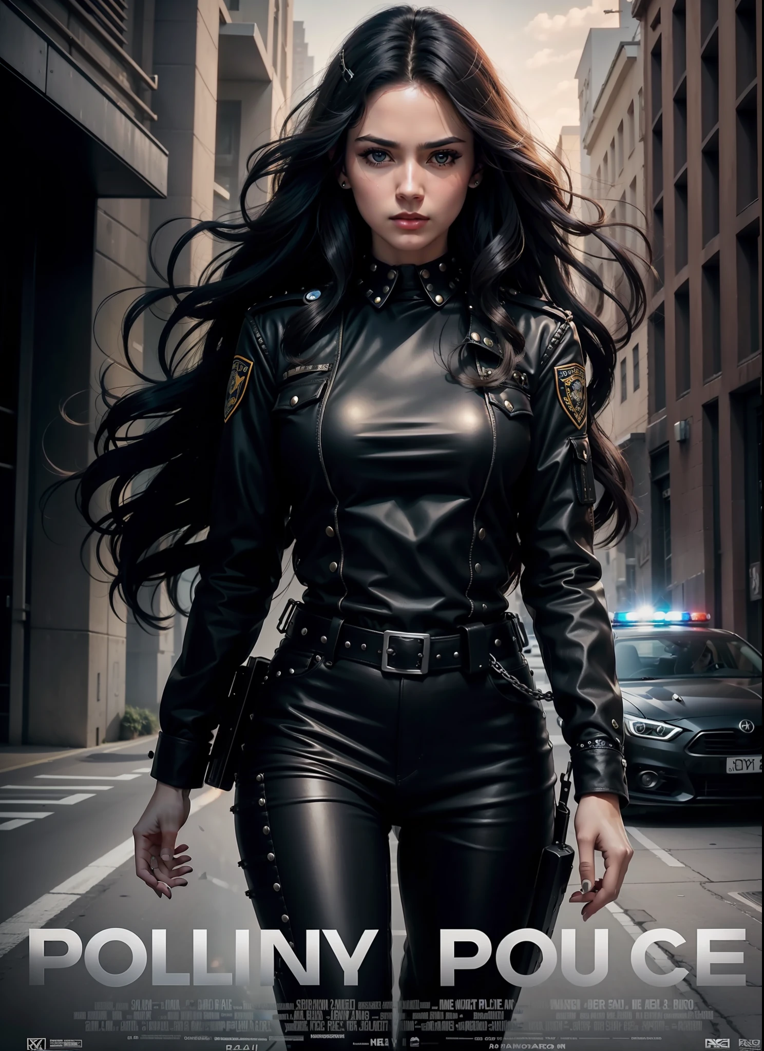 Police movie poster, beautiful woman, medium dark long hair, black clothes, rivets, cars, airplanes, just one body