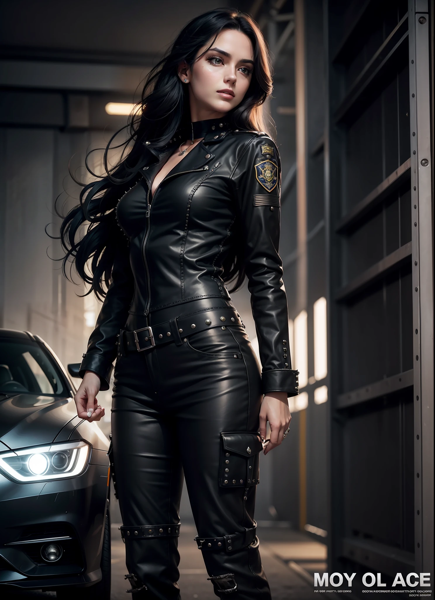 Police movie poster, beautiful woman, medium dark long hair, black clothes, rivets, cars, airplanes, just one body