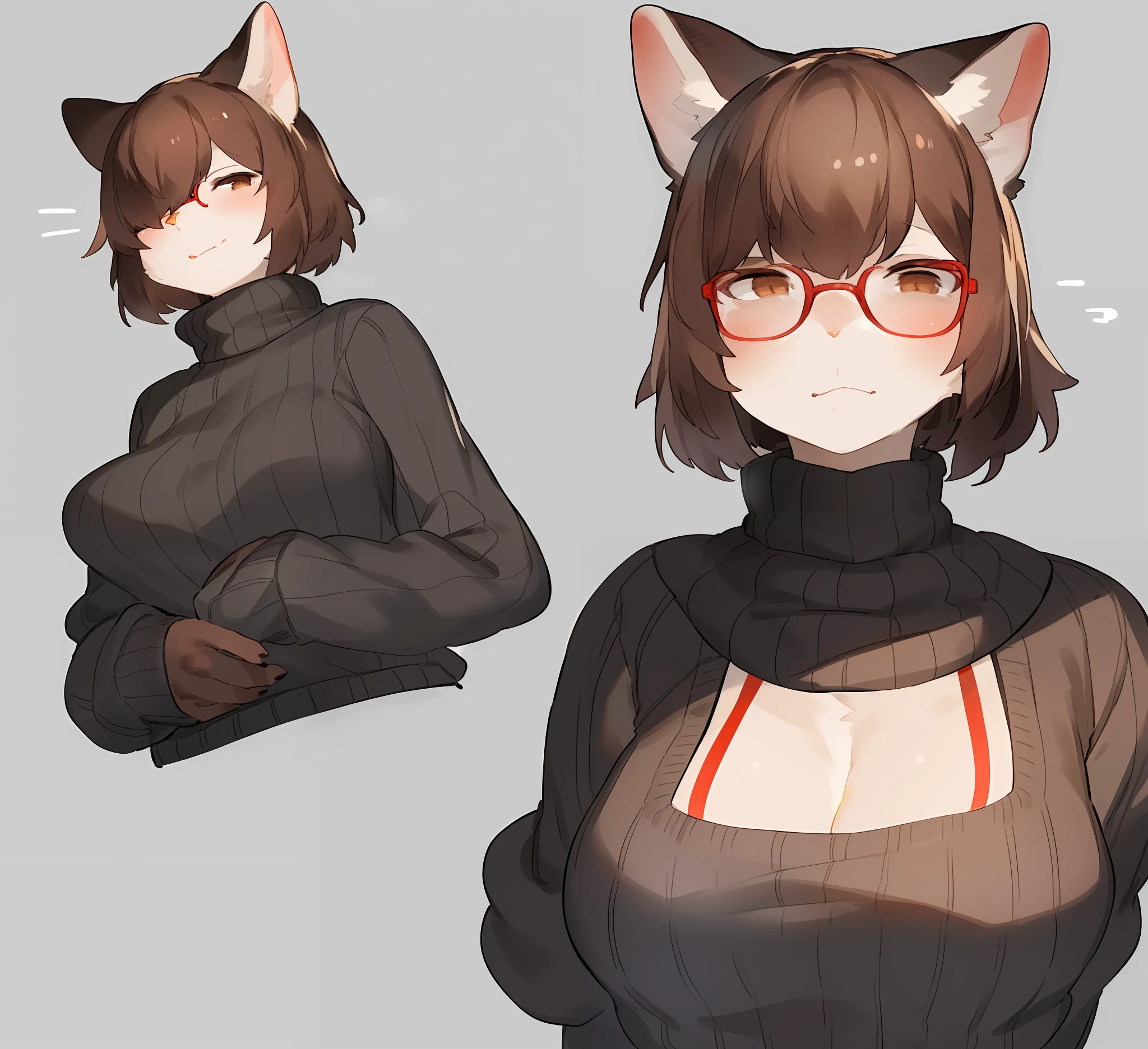 Solo, anthro, feline, domestic cat, grey fur, grey body, brown hair, short hair, hair over eye, brown eyes, red glasses, sweater, turtleneck, by bebebebebe, by pgm300, by buta99, by suurin 2, by sindoll, by kishibe