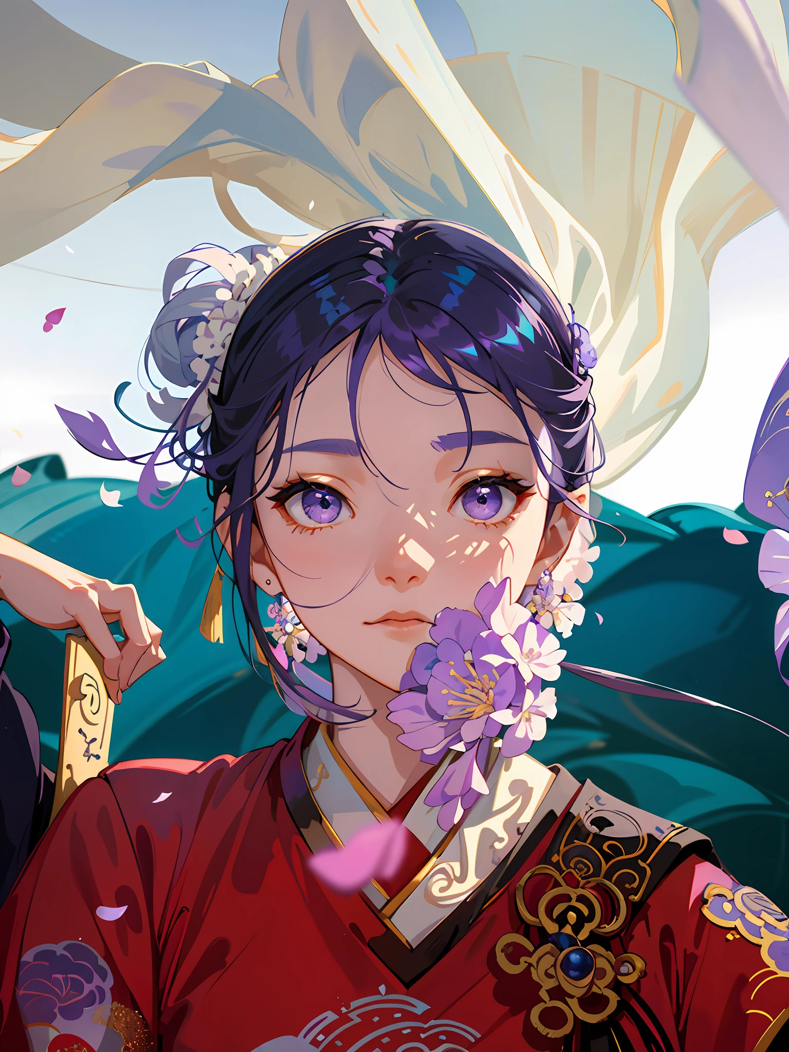 Mature girl, purple eyes, blue-white hair color, floating hair, delicate and flexible eyes, intricate damask hanfu, gorgeous accessories, wearing pearl earrings, fov, f/1.8, masterpiece, ancient Chinese architecture, blue sky, flower petals flying, front portrait shot, Chang'e, side lighting, sunlight on people, 8K
