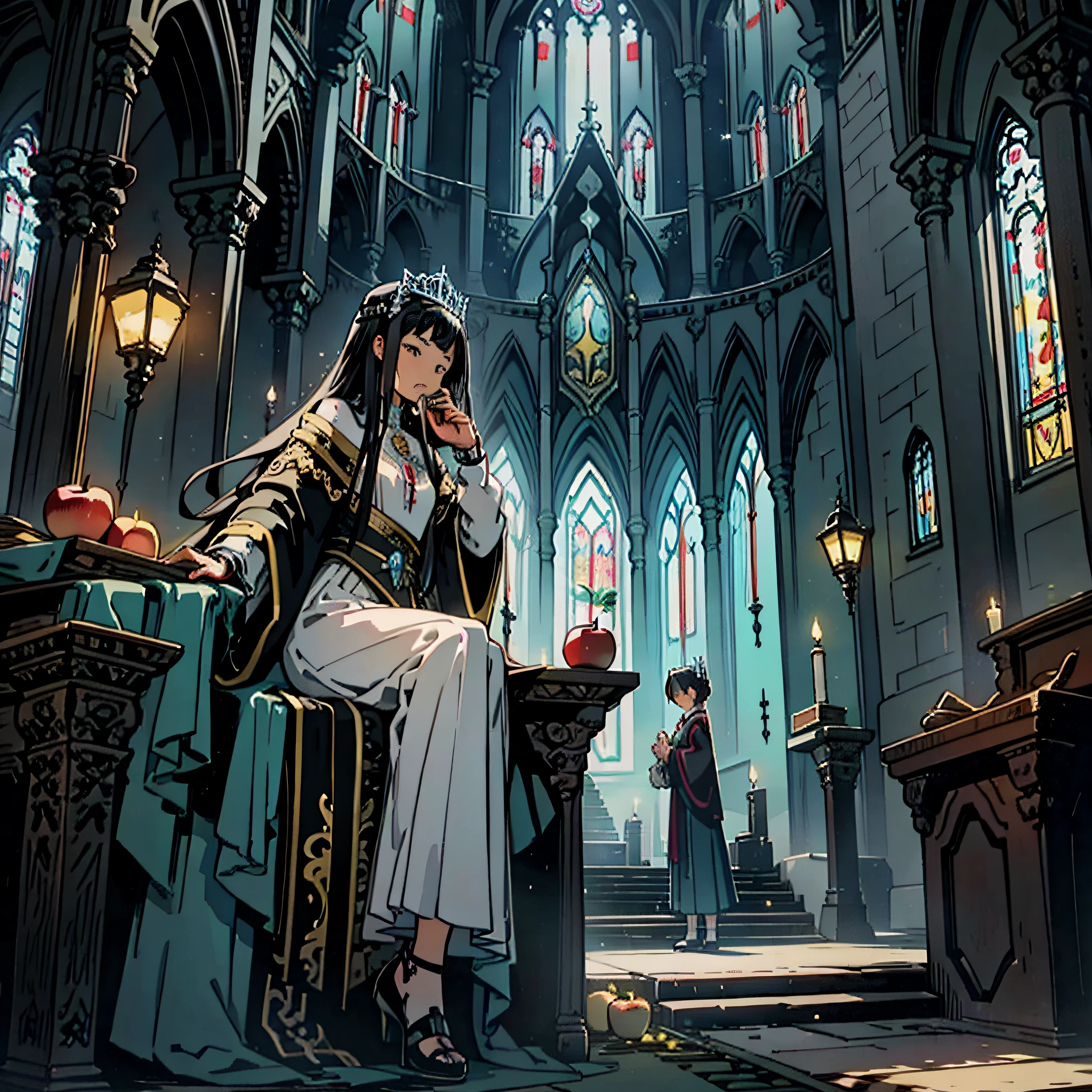 Create an anime-style illustration based on the scene described. The main focus of the image should be the mysterious woman sitting at the offering table. She possesses an extremely handsome face and the physique of a young woman between the ages of nineteen and twenty. Her long, black hair is adorned by a silver tiara. She's nonchalantly eating one of the apples Nestor brought, while swinging her suspended foot and holding the other knee. The atmosphere of the illustration should convey its beauty and an aura of mystery. Use vibrant colors and delicate details to highlight the woman's charming appearance. The composition should emphasize its central presence in the scene, with the altar and the little church inside the background to contextualize the environment. --auto --s2