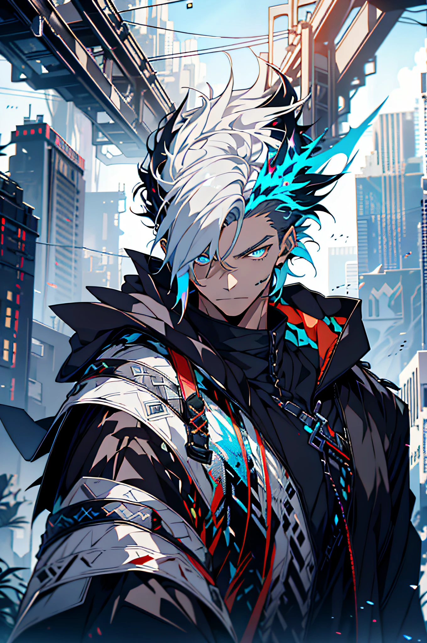 Cyberpunk male, fantasy world, dark background, clean design, epic instagram, artstation, colorful paint splatter, silhouette, hyper detailed intricate details, unreal engine, fantasy, intricate details, splash screen, complementary colors, Fantasy concept art, 8k resolution, deviantart masterpiece, oil painting, heavy strokes, paint dripping, (isolated on white background: 1.3), rainbow skin, (((handsome young man))), ((teenage:1.5) ), (glowing blue eyes), ((light eyes)), ((((short white hair: 1.1))), ((black clothes)), (prince\\(indifferent expression\\),, ( ((Wears high detail luxurious black robe))), white hair, frost magic, ((chest) --v 6