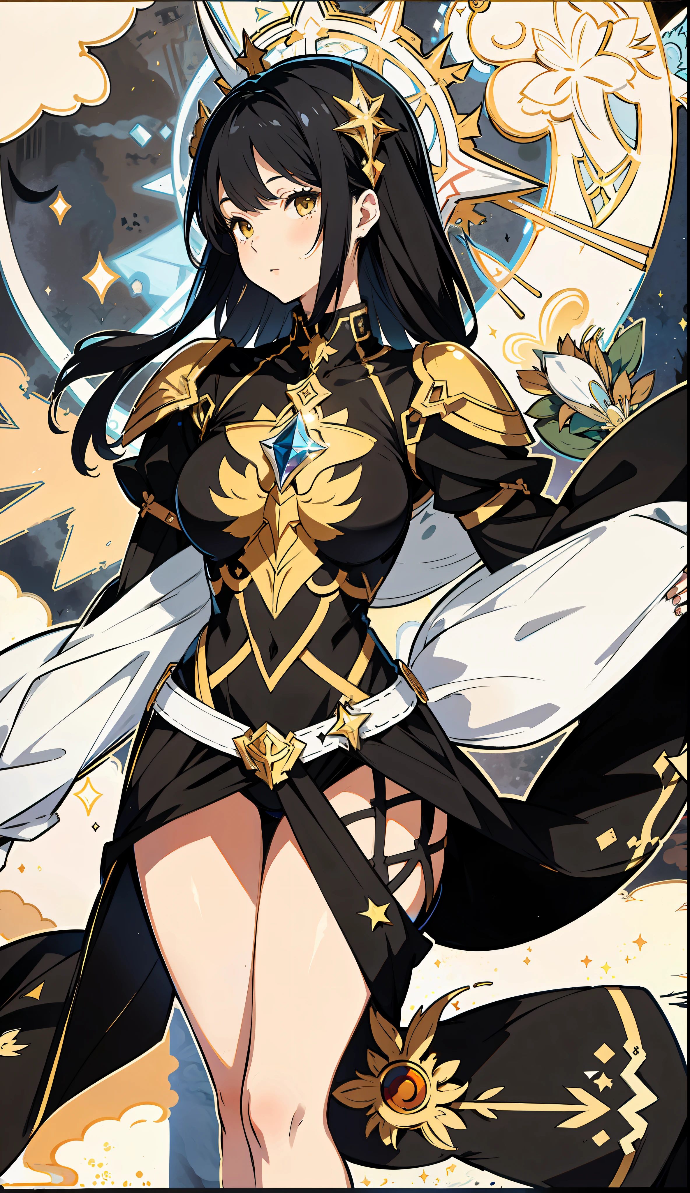 absurd res, high res, (masterpiece:1.4), ultra-detailed, 1girl, from front, space, black stockings, medium hair, yellow eyes, hands out of frame, Hourglass figure, hourglass body, highest quality, absurd quality, 8k, perfect body, perfect contrast, beautiful face, yellow eyes, unrevealing skin, 1girl, kneeling, facing viewer, holy maiden, sister, holy girl, praying, from front, sfw, unrevealing clothes, covered skin, black hair, sister, church,
