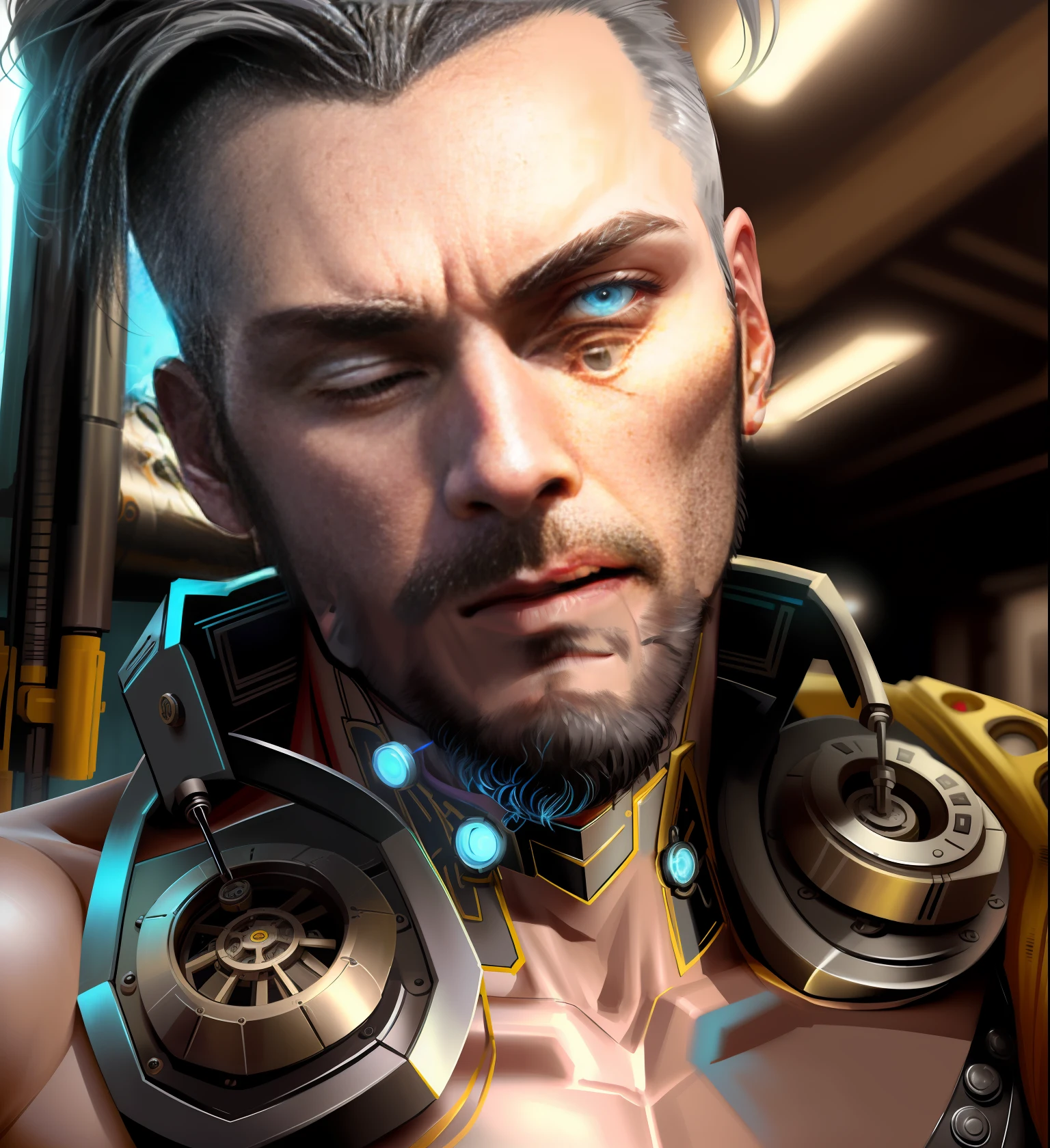 A cybernetic man in the range of 27 years old, muscular stereotype, with cowboy hat (mechanical parts: 1.5), fighting, bright eyes, short hair, tight supersuit torn, in a destroyed city, smoke and fire, aura of brilliant power, dynamic pose, dynamic vision, hyper detailed, 8k quality, with tattoo on the arm, mechanical roman watch on the chest, merge images,  hyper realism. Enjoy original photo base, mechanical and human bust. With gray goatee and gray hair.