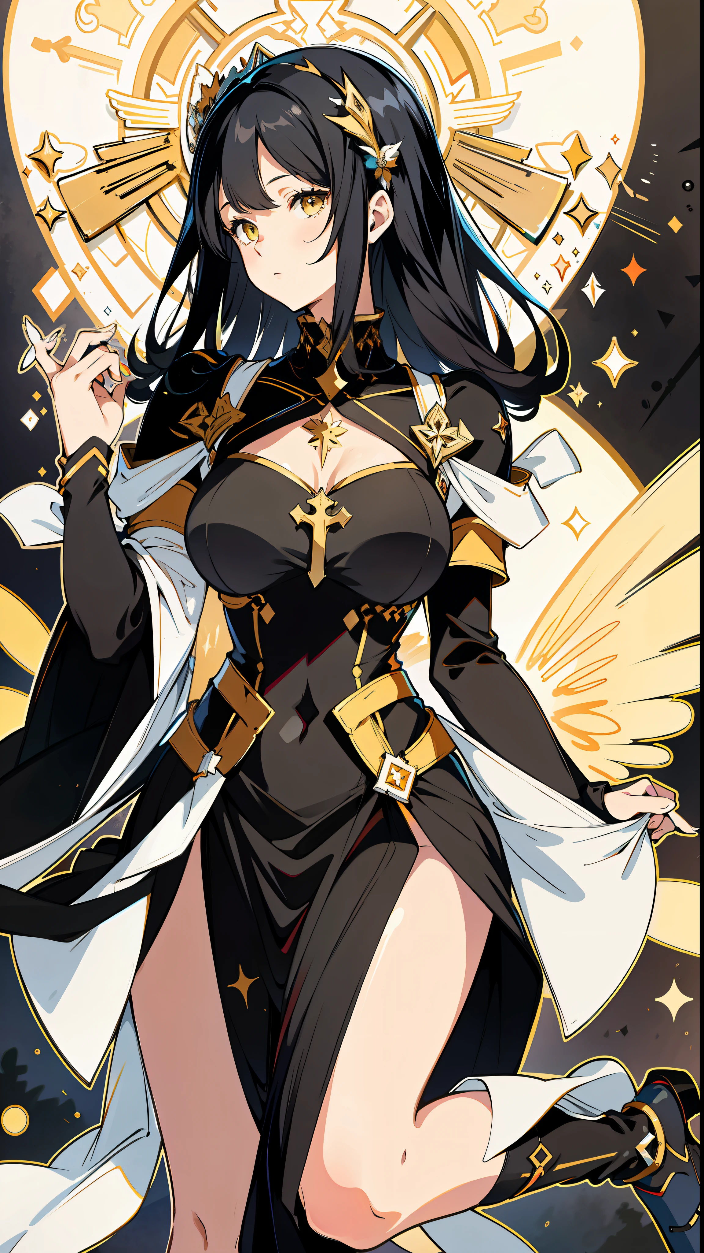 absurd res, high res, (masterpiece:1.4), ultra-detailed, 1girl, from front, space, black stockings, medium hair, yellow eyes, hands out of frame, Hourglass figure, hourglass body, highest quality, absurd quality, 8k, perfect body, perfect contrast, beautiful face, yellow eyes, unrevealing skin, 1girl, kneeling, facing viewer, holy maiden, sister, holy girl, praying, from front, sfw, unrevealing clothes, covered skin, black hair, sister, church,