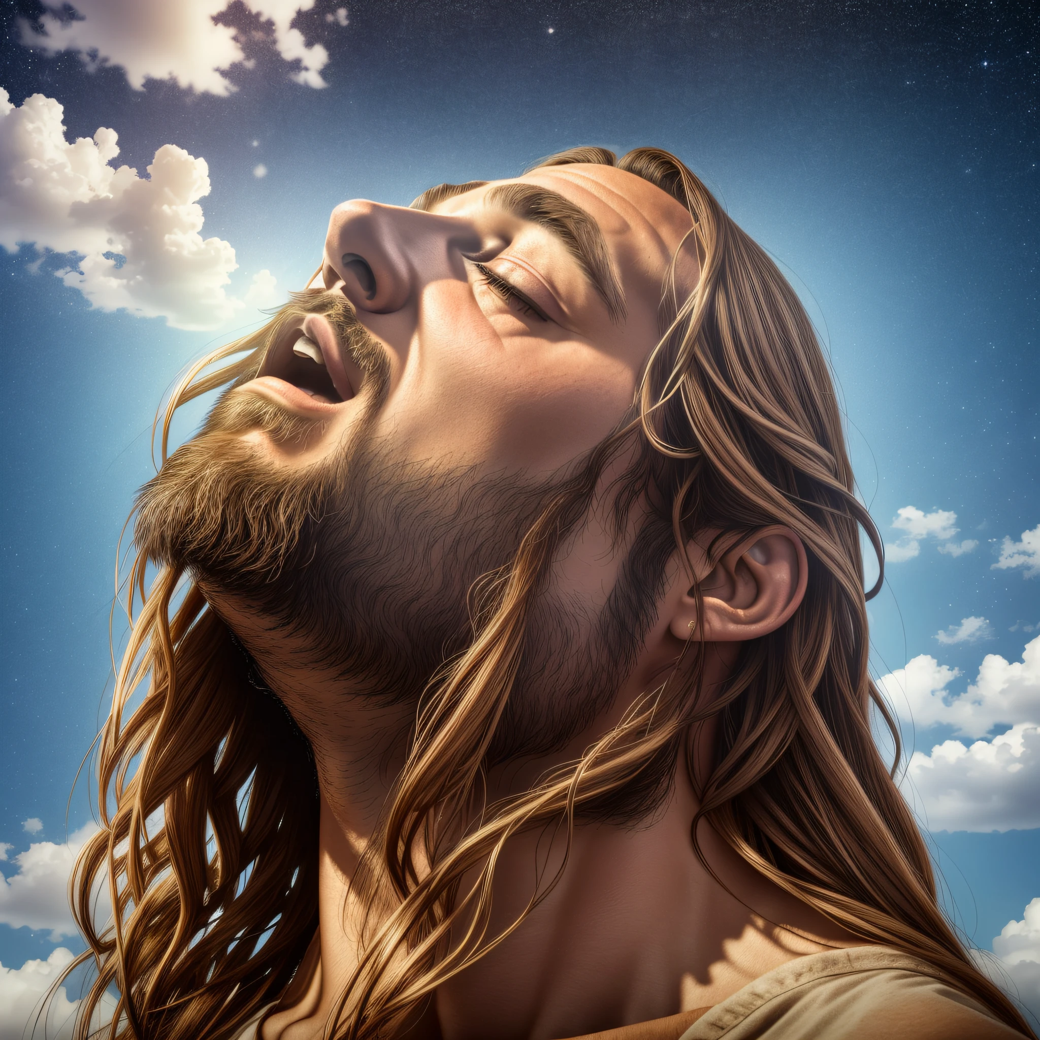 Award-winning realistic photo of Jesus Christ (looking up at the sky:1.3), expression conveying a sense of satisfaction and victory, hyper detailed 4k --auto --s2