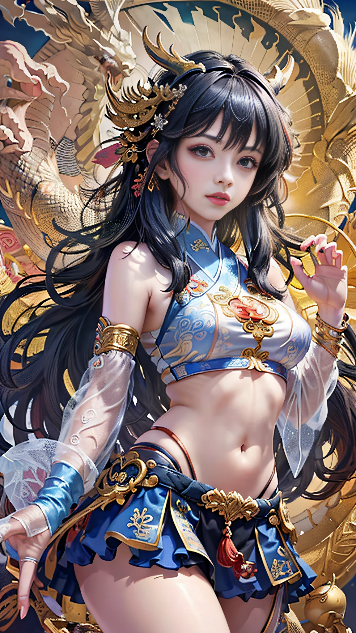 Official Art, Unified 8K Wallpapers, Ultra Detailed, Beautiful and Aesthetic, Masterpiece, Best Quality, (Zentangle, Tangle, Entangle), (fractal art: 1.4), 1girl, black hair, Chinese, bare shoulders, short skirt, calf, navel, very detailed, dynamic angle, cowboyshot, (most beautiful form chaos), flowing, (bright colors), oc, (half: 1.2), china, (thangka flying sky: 1.5), (ribbon: 1.3), (dream: 1.5), (hanfu: 1.5), Chinese dragon, Chinese phoenix, (smile: 0.5), (Chinese deity),