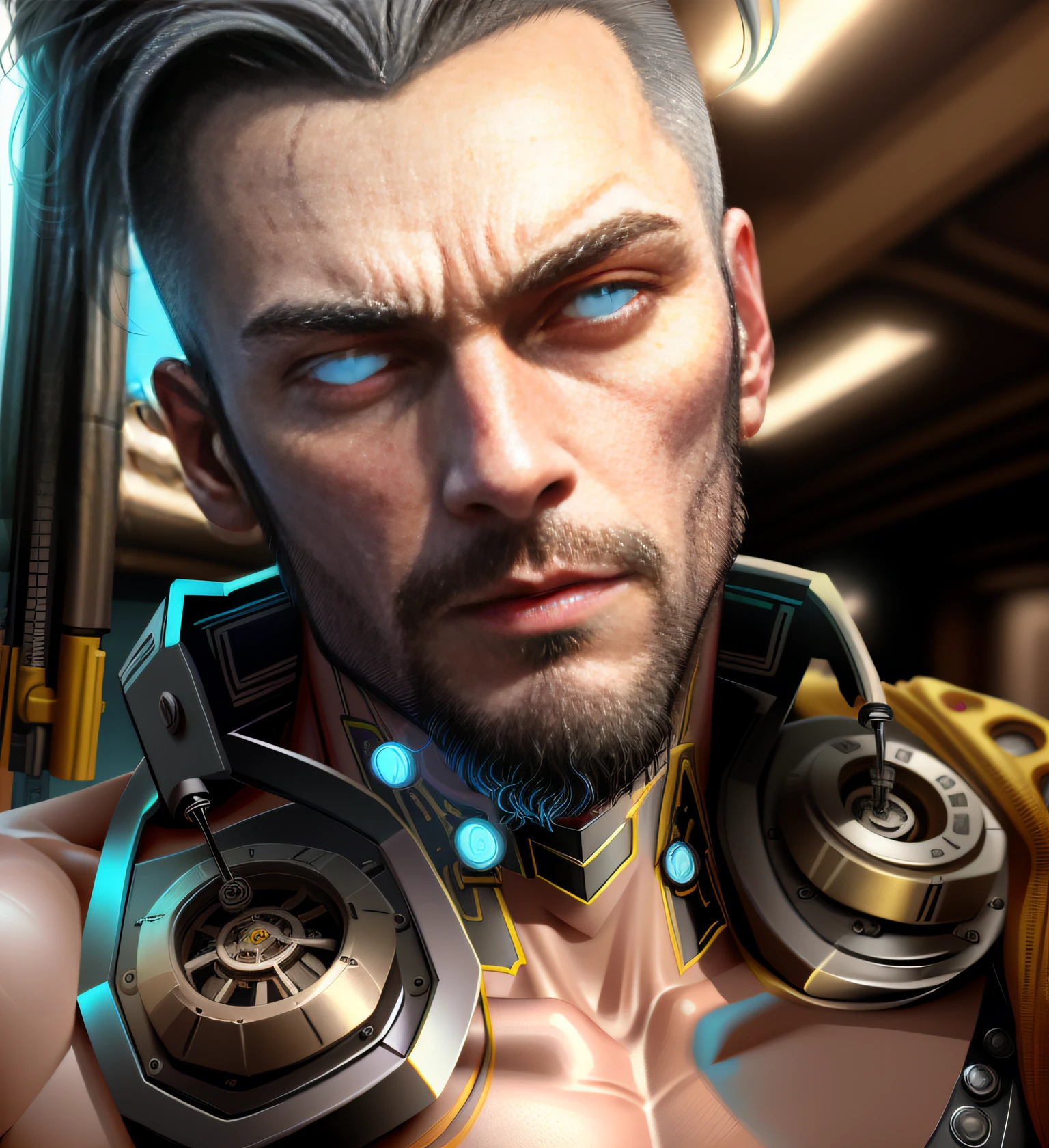 A cybernetic man in the range of 27 years old, muscular stereotype, with cowboy hat (mechanical parts: 1.5), fighting, bright eyes, short hair, tight supersuit torn, in a destroyed city, smoke and fire, aura of brilliant power, dynamic pose, dynamic vision, hyper detailed, 8k quality, with tattoo on the arm, mechanical roman watch on the chest, merge images, hyper realism. Enjoy original photo base, mechanical and human bust. With gray goatee and gray hair.