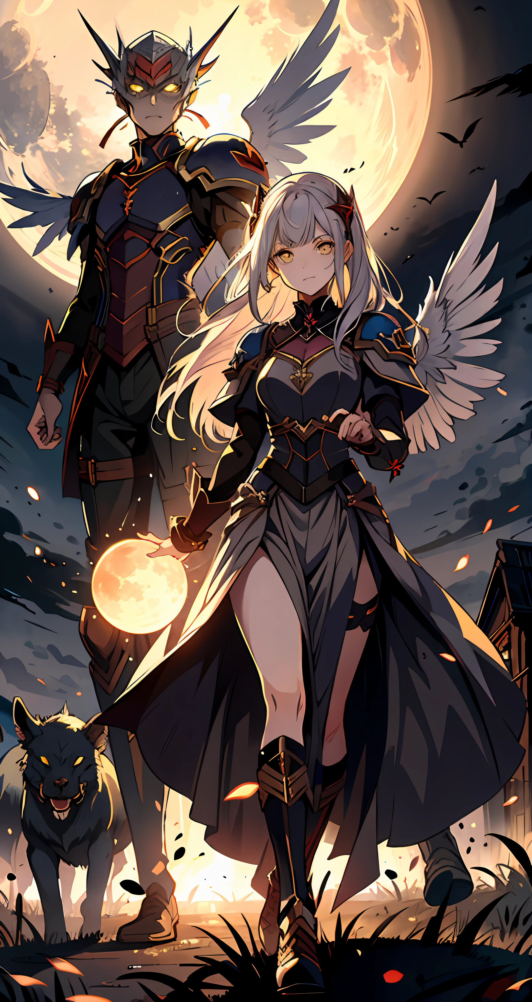 Yellow Moon, vampire, Bright eyes, glowing eyes walking on dead bodies, apocalypse, Armageddon background, apocalypse background, war background, beasts background, soldiers background, angel wings