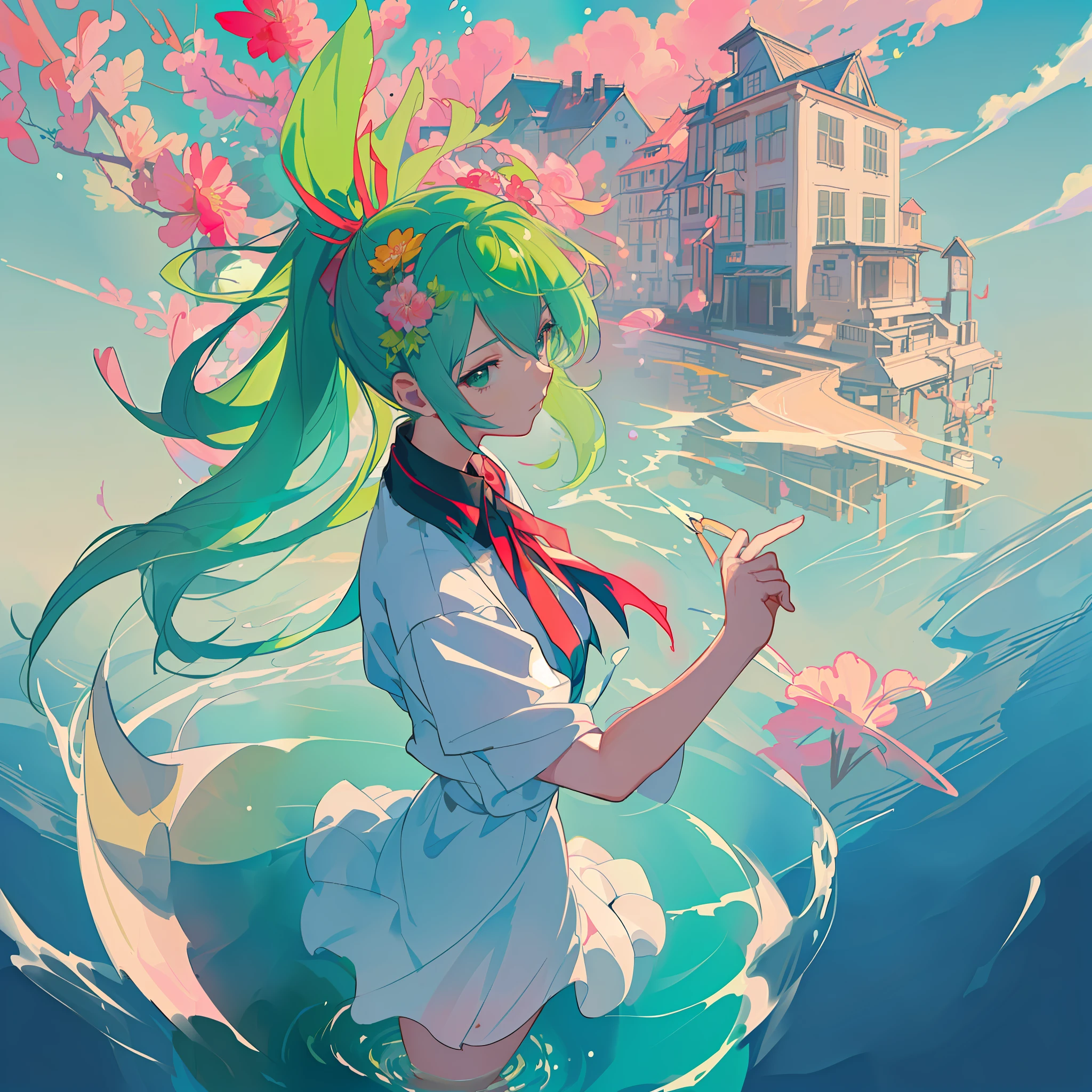 anime girl in a dress and tie standing in the water, anime style 4 k, anime art wallpaper 4 k, anime art wallpaper 4k, anime art wallpaper 8 k, anime styled digital art, anime style illustration, anime girl with teal hair, anime style artwork, anime wallpaper 4 k, anime wallpaper 4k, beautiful anime art style, anime style art