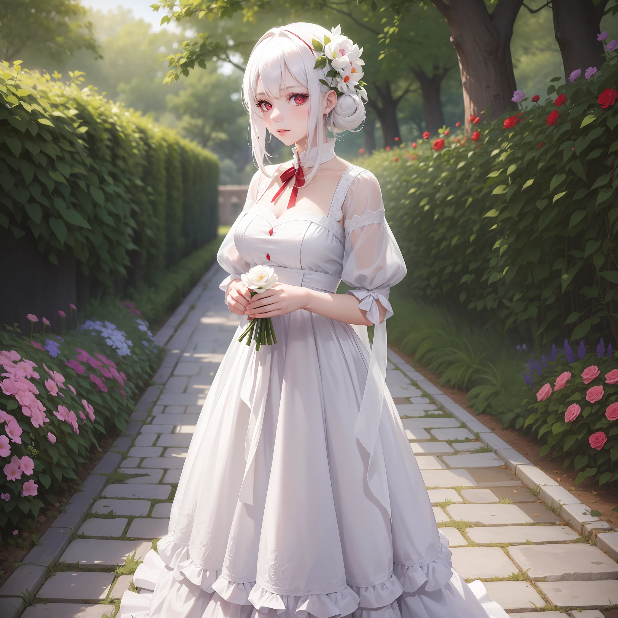 Realistic,1girl,white hair,red eyes,white skin,long violet color dress,in a garden holding a flower