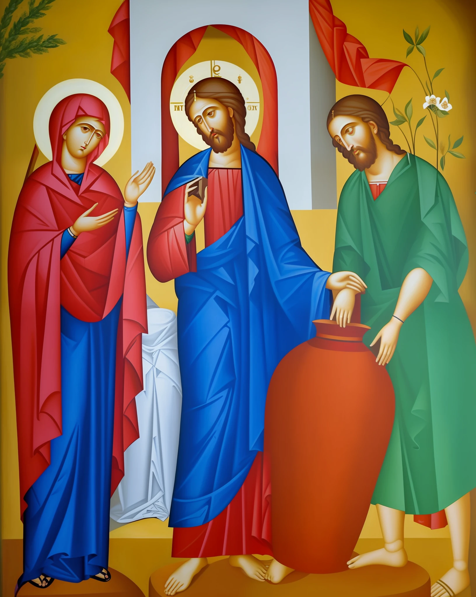 a painting of jesus and three women with a vase, the three marys at the sepulchre, orthodox icon, roman catholic icon, by Miroslava Sviridova, christian art, catholic icon, holy iconography, religious painting, by Stefan Gierowski, by Viktor de Jeney, orthodox icon neo-gothic, maxim sukharev