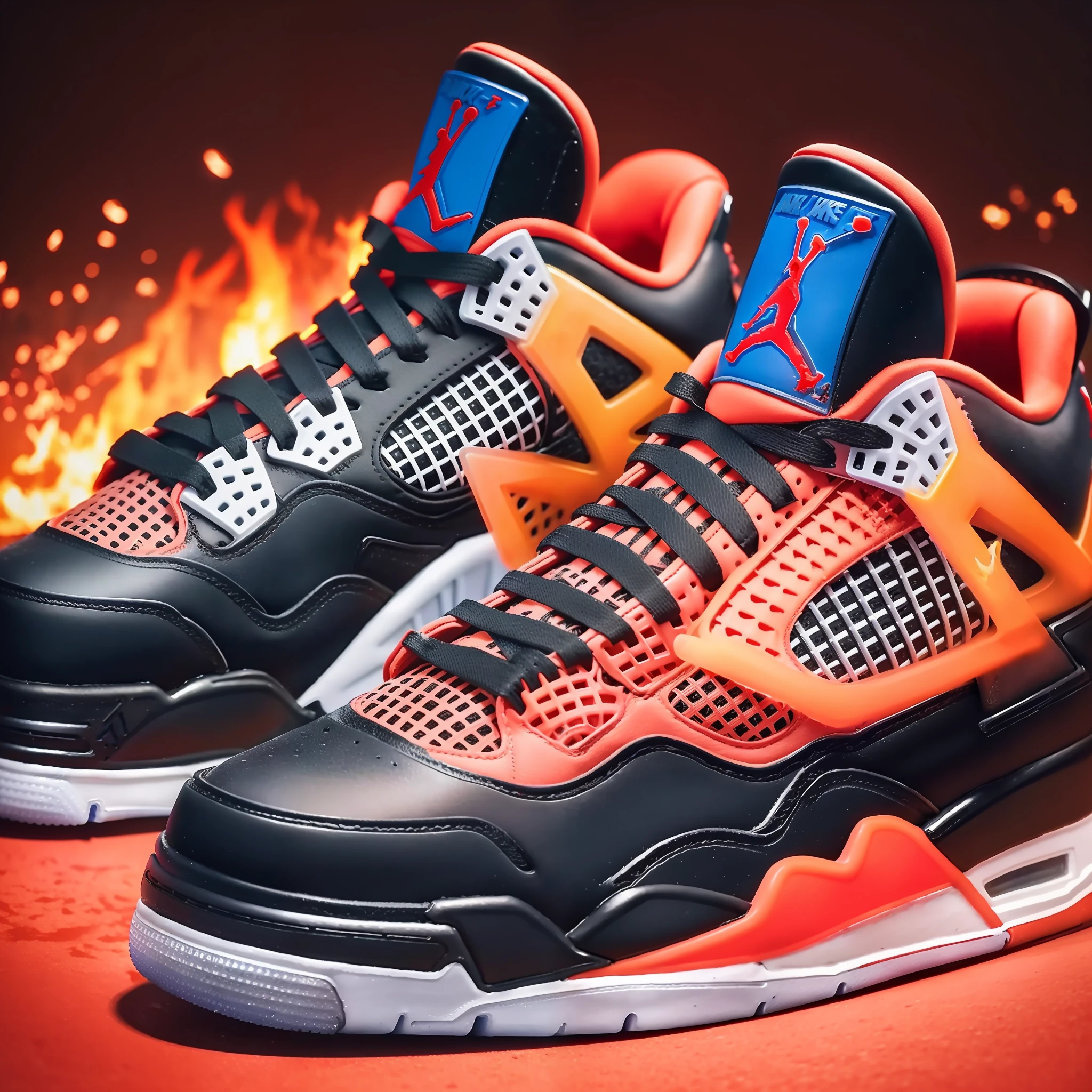 (Nike Air Jordan 4 basketball shoes), (Air Jordan 4 Retro Lightning), surrounded by flames, surrounded by flames, surrounded by halos, surrealism, shadows, blooms, backlit, depth of field, natural lighting, (best quality), HD, 32k, detail features