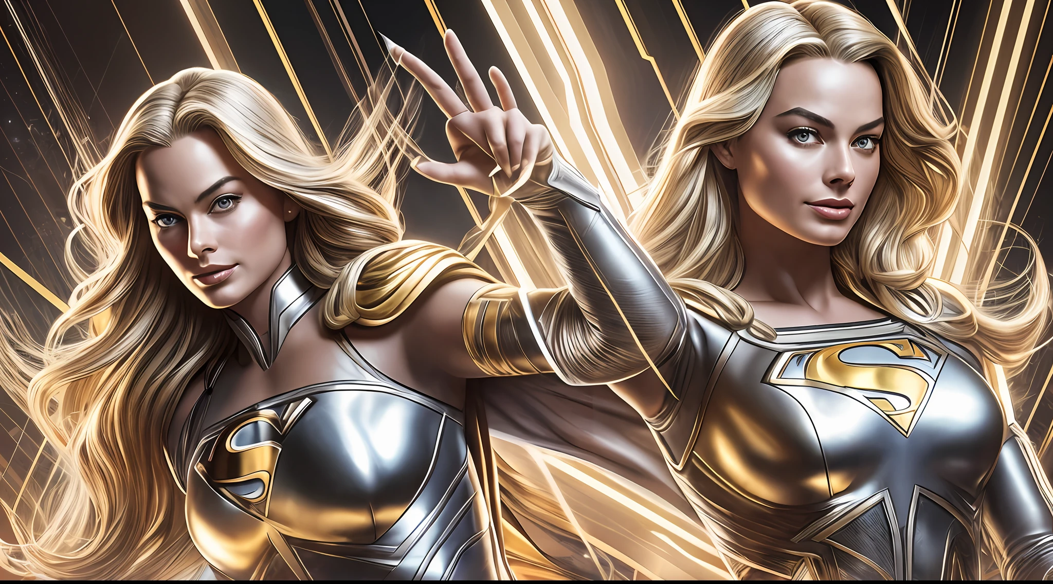 Margot Robbie beautifully in a silver and gold costume with a Superman symbol on her chest, Power Girl, Supergirl, Chris Moore. artgerm, beautiful comic art, extremely detailed artgerm, female superhero proportions, superhero body, high detail comic book art, artgerm julie bell beeple, dc comics art style, perfect anatomy, hands with 4 fingers and 1 thumb, rendered in 8K resolution for high quality detail, 8K image quality, 8K high resolution image, hyper detailed, super realistic, intricate details
Negative prompts --auto --s2