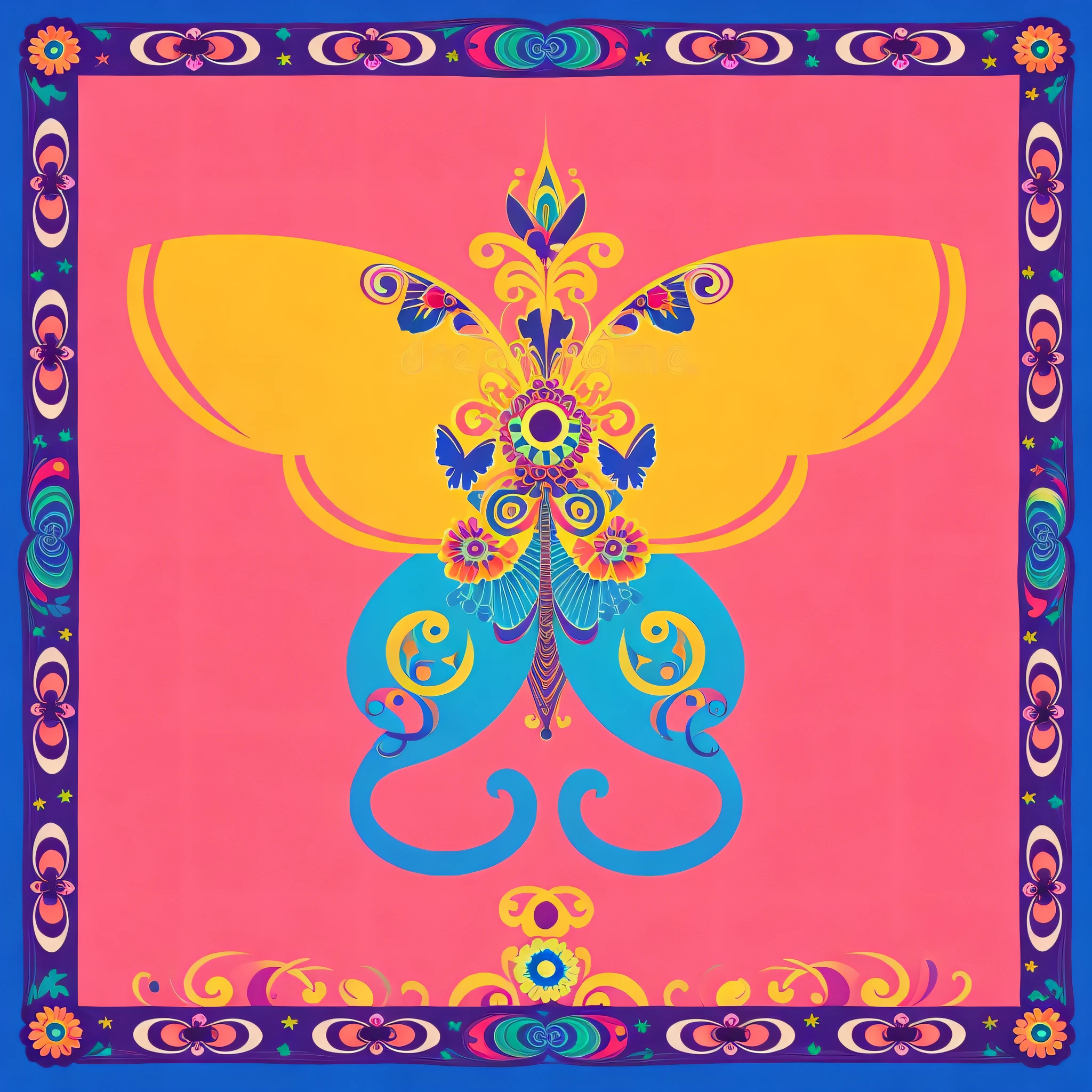brightly colored butterfly with ornate design on yellow background, colorful bandana, whimsical and psychedelic, surreal psychedelic design, flat surreal psychedelic colors, 70s psychedelic style, psychedelic patterns, psychedelic art style, psychedelic illustration, alebrijes aesthetic, psychedelic style, tribal psychedelic, retro psychedelic illustration, psychedelic art nouveau, bright psychedelic color, psychedelic color theme, intricate psychedelic patterns