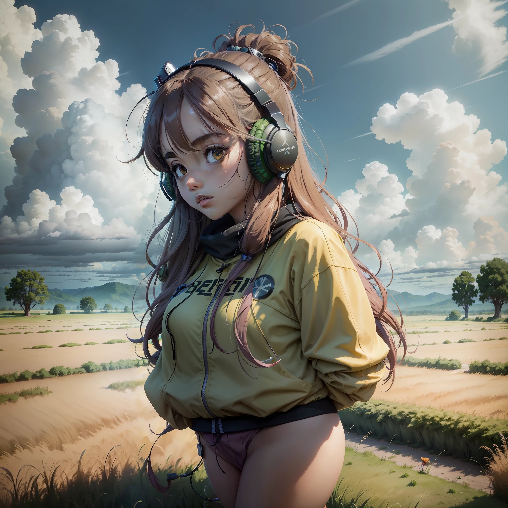an anime girl wearing headphones and standing in a field, in the style of realistic hyper-detailed portraits, cabincore, earthy colors, ambitious, dinopunk, atmospheric clouds, bold, manga-inspired characters