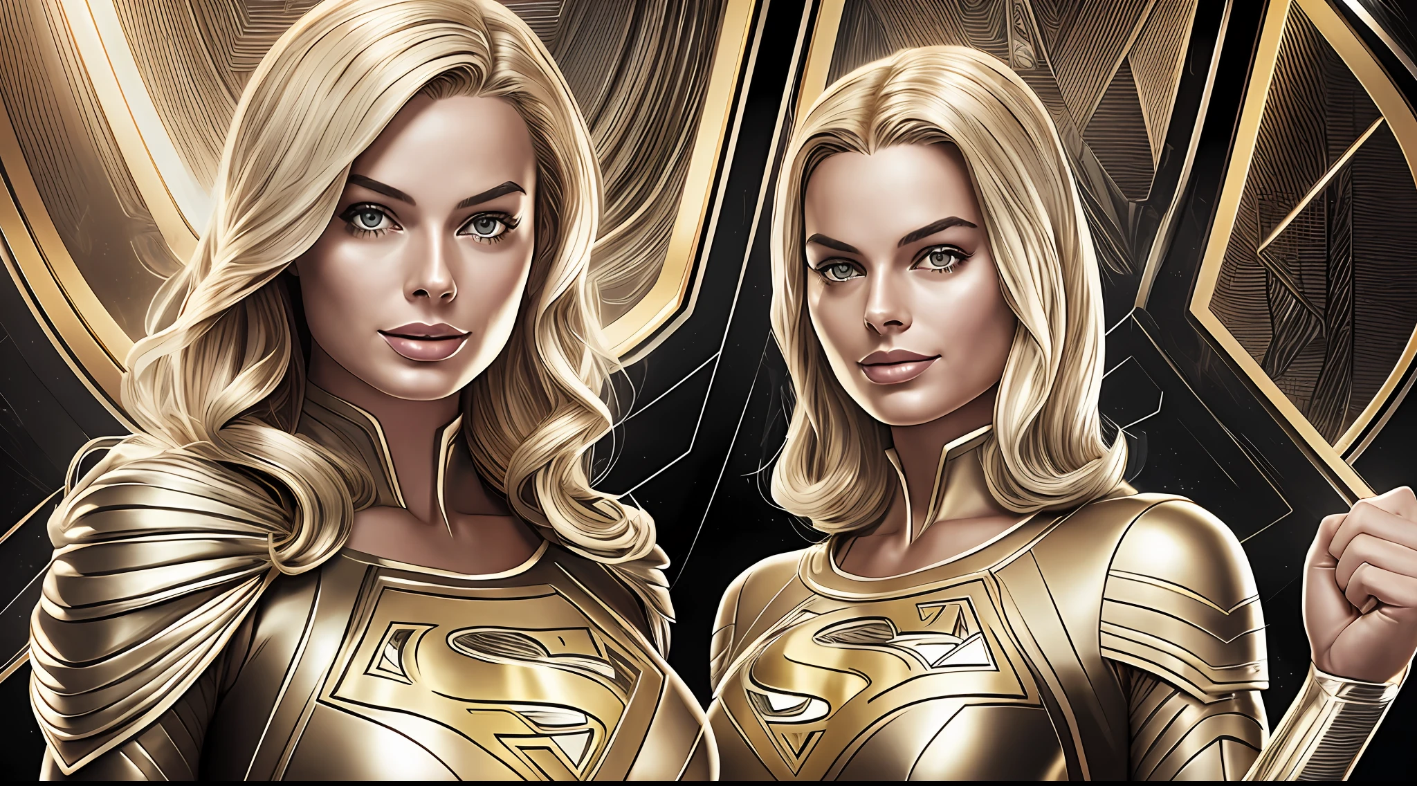 Margot Robbie beautifully in a silver and gold costume with a Superman symbol on her chest, Power Girl, Supergirl, Chris Moore. artgerm, beautiful comic art, extremely detailed artgerm, female superhero proportions, superhero body, high detail comic book art, artgerm julie bell beeple, dc comics art style, perfect anatomy, hands with 4 fingers and 1 thumb, rendered in 8K resolution for high quality detail, 8K image quality, 8K high resolution image,  hyper detailed, super realistic, intricate details  
Negative prompts --auto --s2