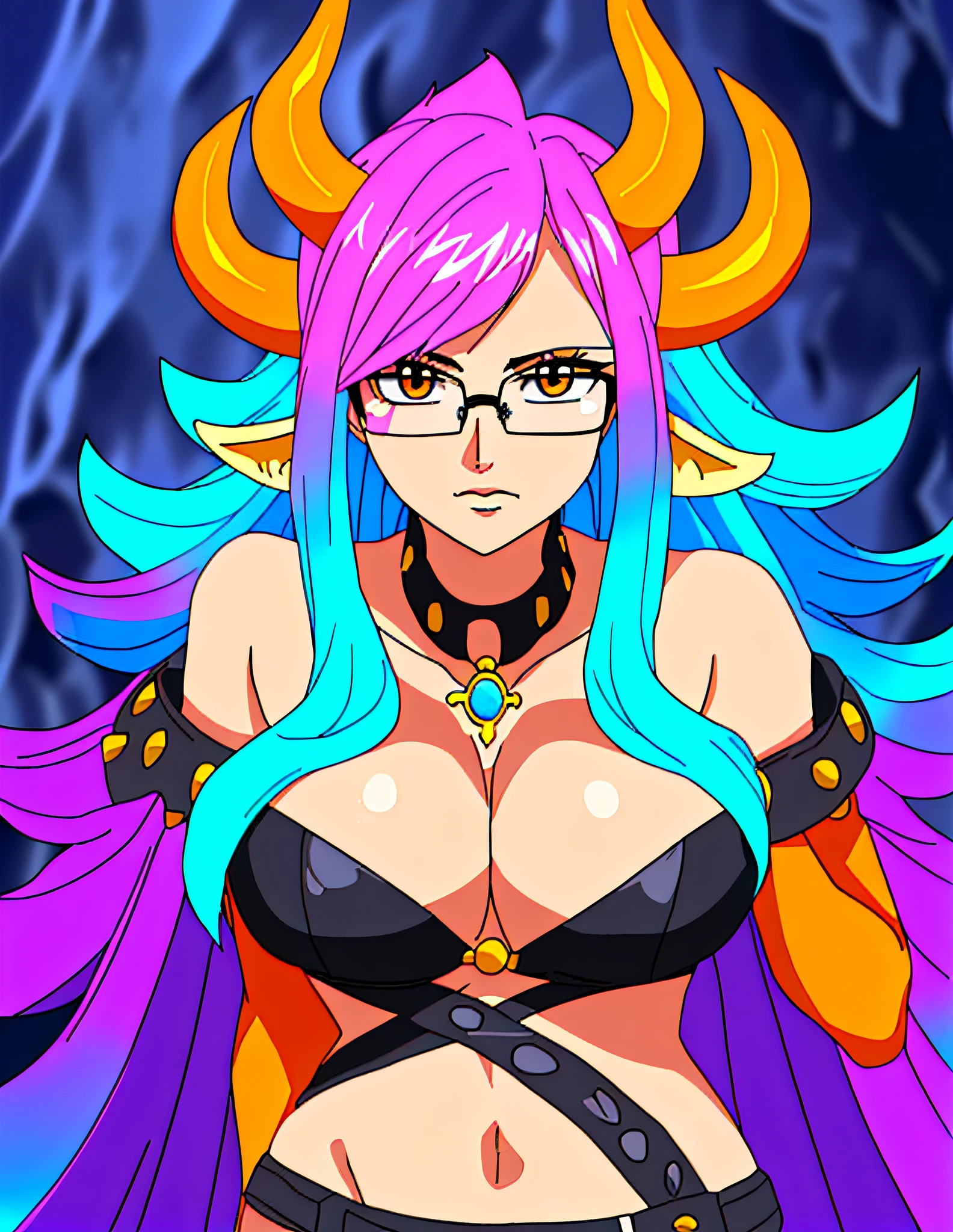 dark skin gal, (exotic wild big fluffy hair with multiple colors, (multiple colors of fluffy hair:1.1), horns, glasses, (adventuring in cave)