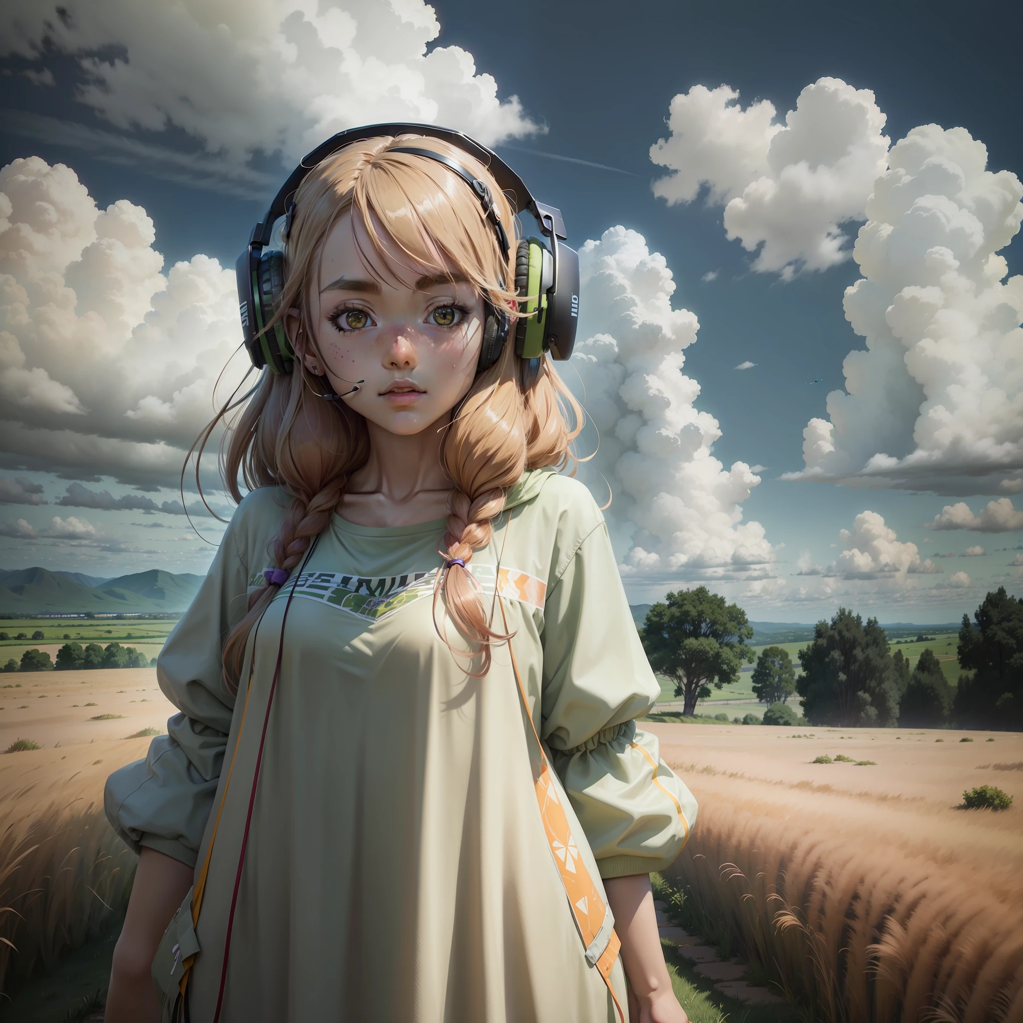 an anime girl wearing headphones and standing in a field, in the style of realistic hyper-detailed portraits, cabincore, earthy colors, ambitious, dinopunk, atmospheric clouds, bold, manga-inspired characters