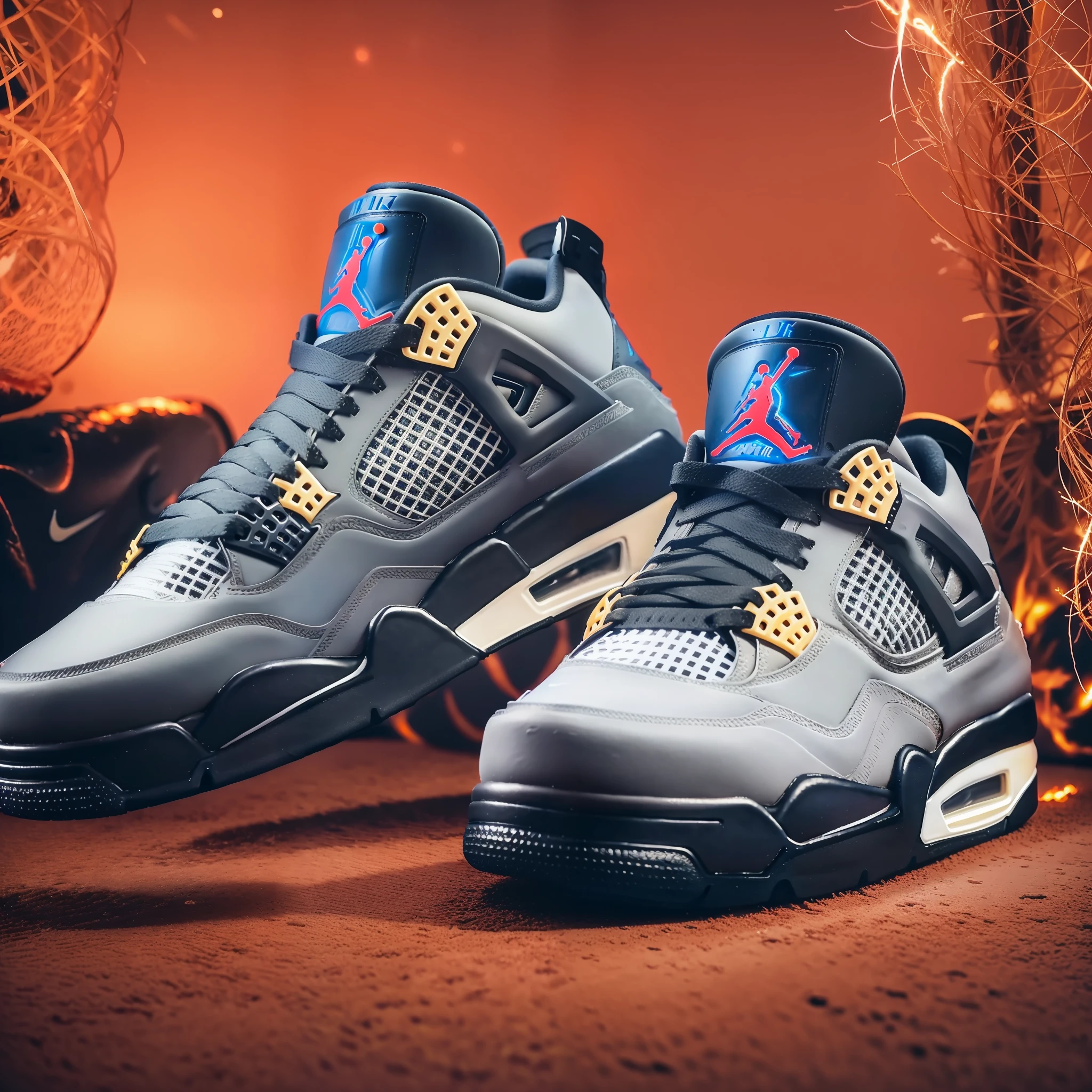(Nike Air Jordan 4 basketball shoes), (Air Jordan 4 Retro Lightning), surrounded by flames, surrounded by flames, surrounded by halos, surrealism, shadows, blooms, backlit, depth of field, natural lighting, (best quality), HD, 32k, detail features