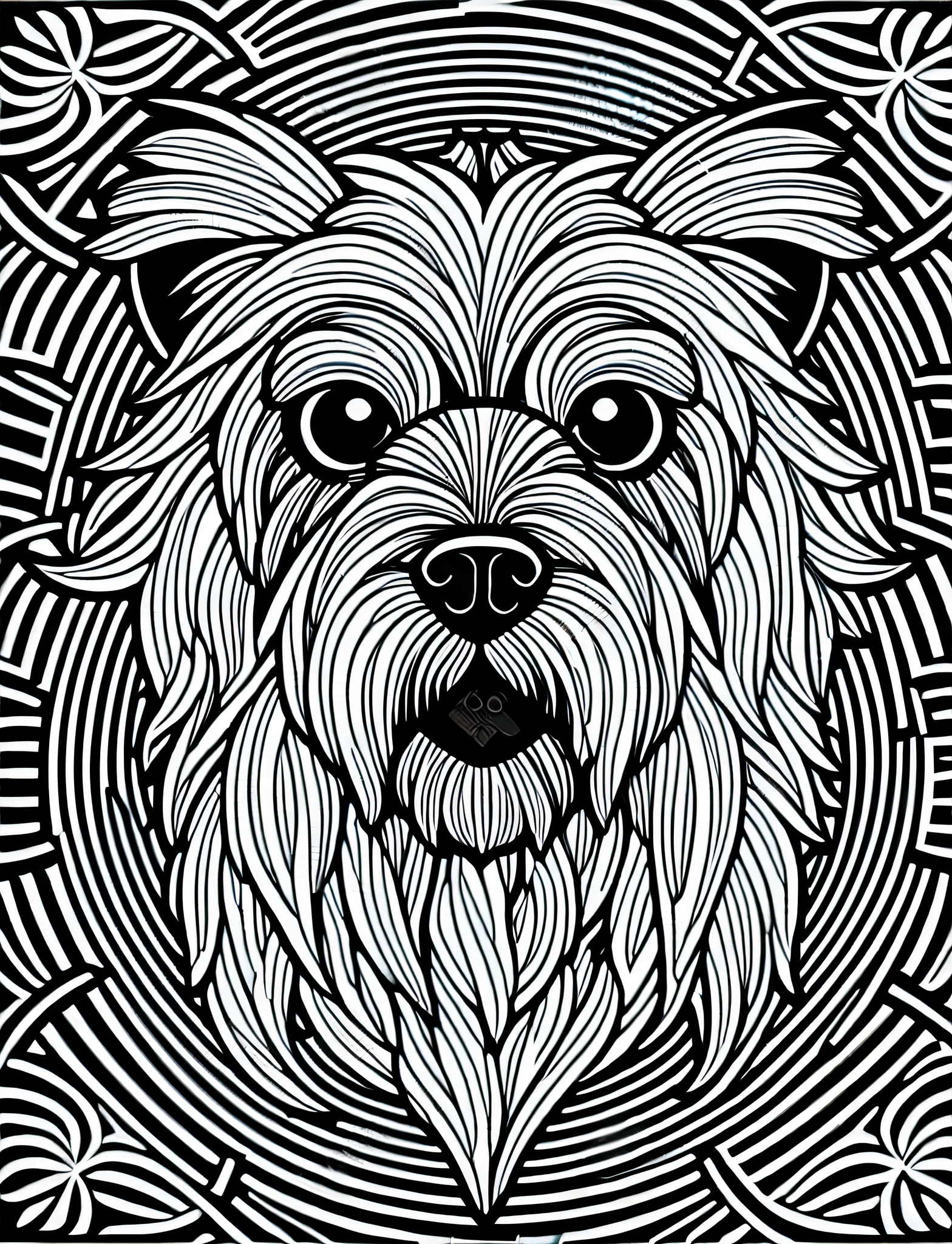 a Yorkshire Terrier style dog, fantasy, magical, mandala, unusual, black and white, wavy lines, realistic line art drawing, coloring book page, no noise, sharp thick lines, contour art, centered image, isolated on a white background