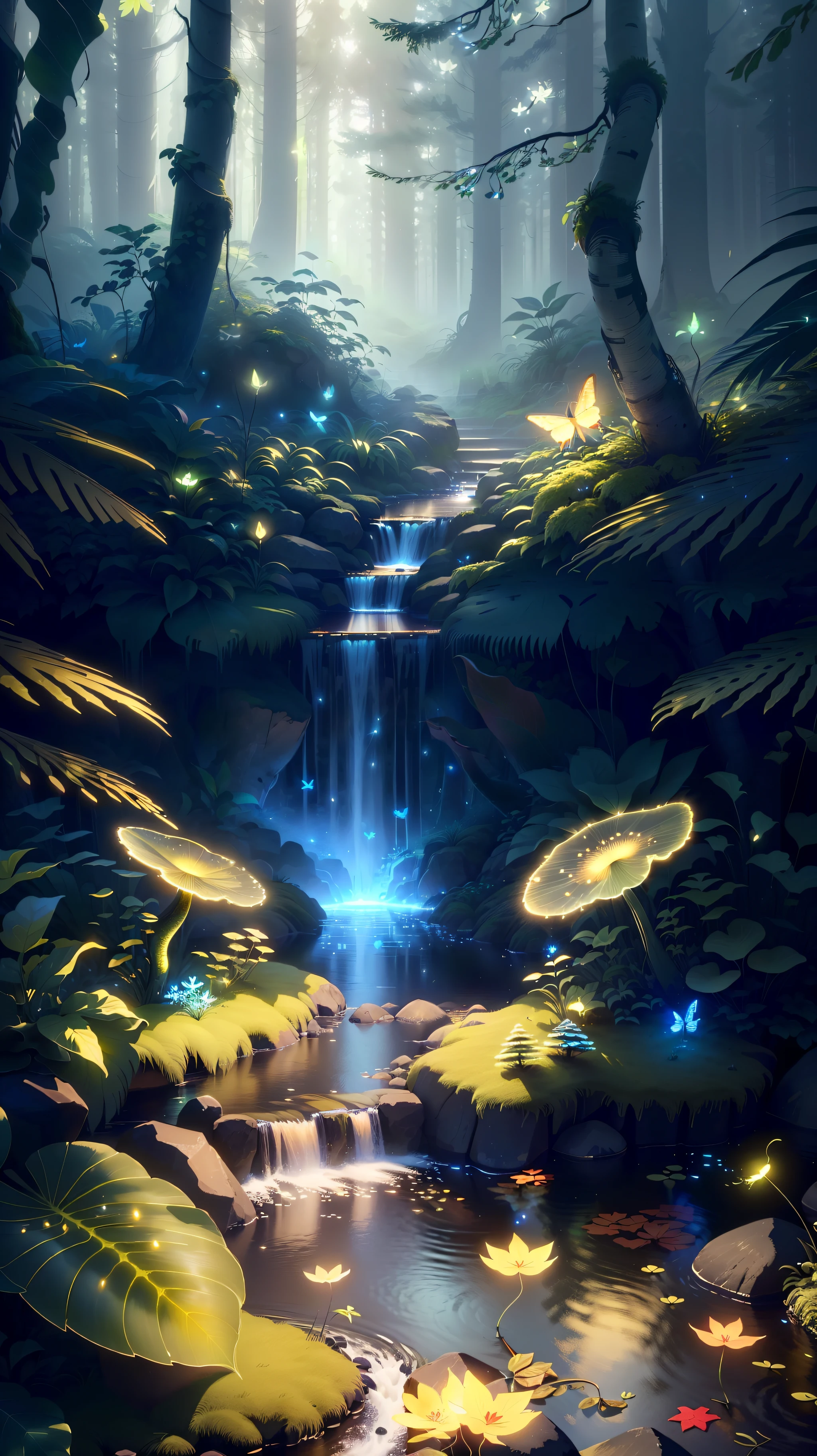 Masterpiece, best quality, (highly detailed CG unity 8k wallpapers), (best quality), (best illustrations), (best shadows), forest theme with natural elements. Tall trees, quiet streams, small glowing mushrooms surrounded by delicate leaves and branches, with fireflies and glowing particle effects,, (natural elements), (jungle theme), (leaves), (twigs), (fireflies), butterflies, (delicate leaves), (glow), (particle effects). , Isometric 3D, Octane Rendering, Ray Traced, Super Detailed