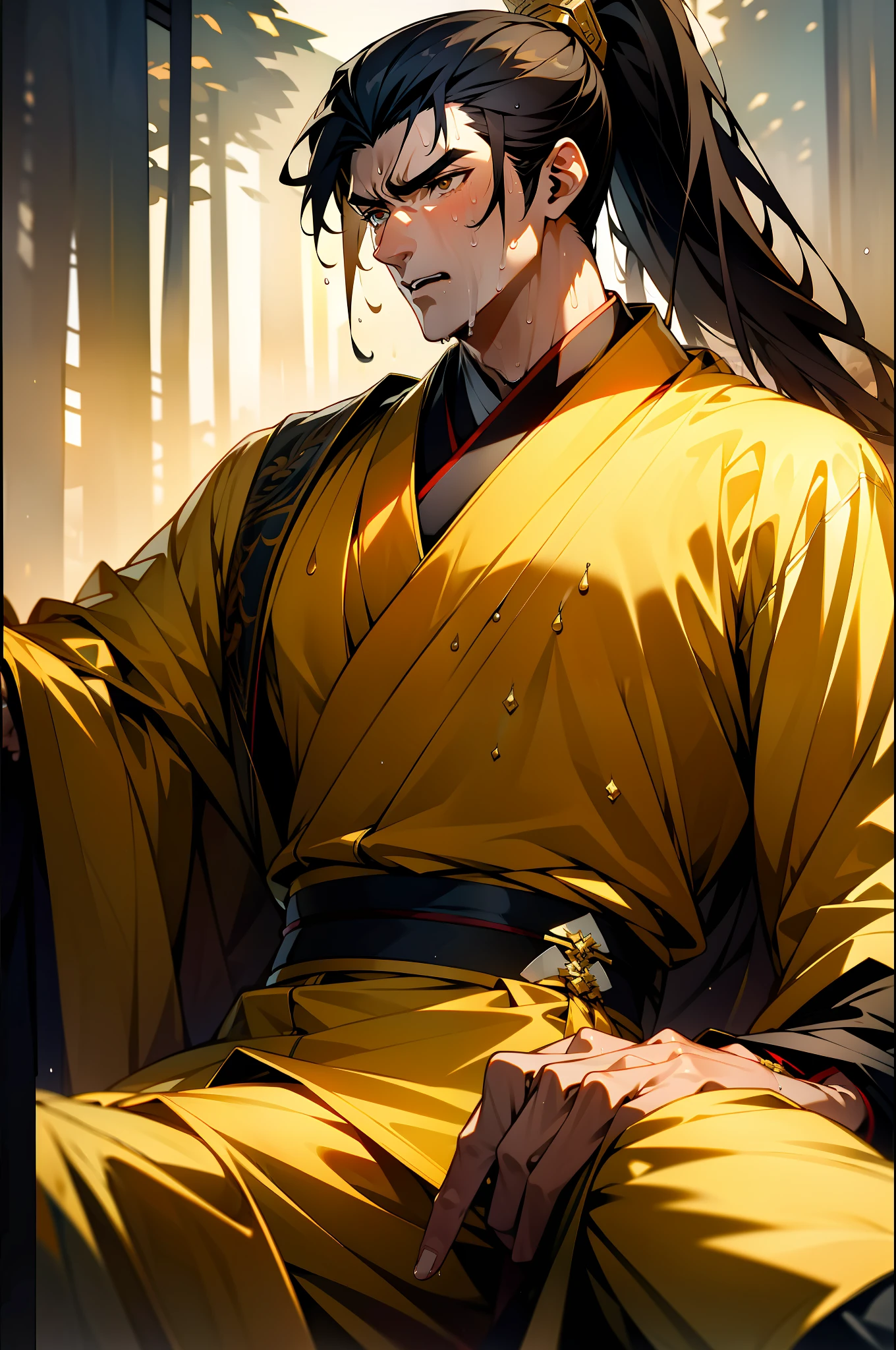 (8k), (highest quality), (masterpiece), two-dimensional, anime style, man (male warrior), sitting (straddling), crotch sweating, crotch sweating, muscles, correct proportions, face details, martial arts, high ponytail hairstyle, sweating, pectoralis sweating, abdominal sweating, face sweating, drooling, neck details, with Adam's apple, wet, wet, Hanfu costume, long robe, embroidered robe, dragon robe, clothes details, collar, long sleeves, game quality, swordsman demeanor, light and shadow tracing, ray tracing, detail glowing, CG rendering, Hair details, long black hair, golden eyes, sweaty face, handsome, handsome, sweat beads slipping down the neck, (juvenile feeling), complex clothing, wet, wet, perfect composition, refinement, high quality, more details, a lot of details, complex background, atmosphere,