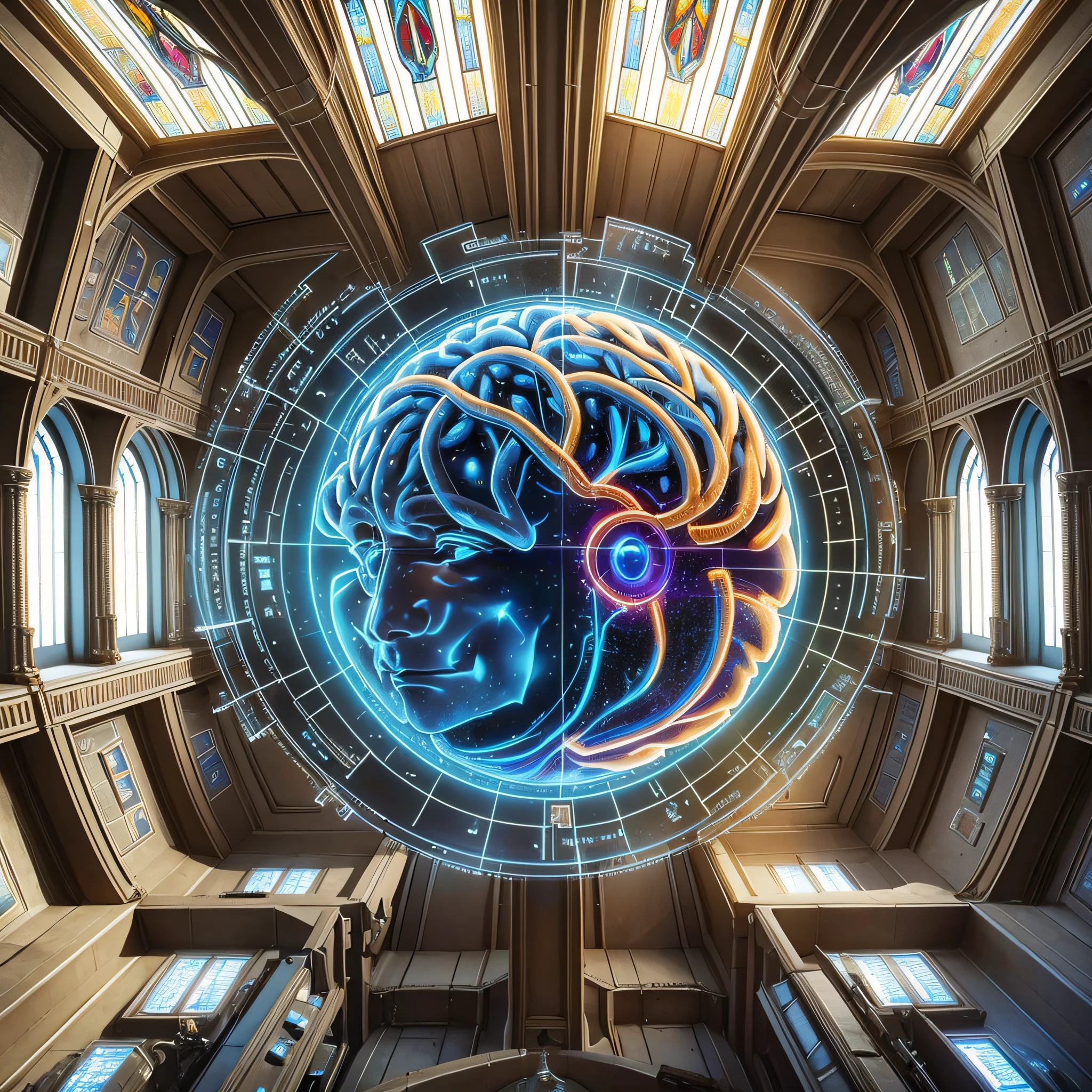 Image of a brain with electronic circuits, representing artificial intelligence, superimposed on a symbolic image of a church. The image should convey a sense of conflict or questioning With a bible --auto --s2