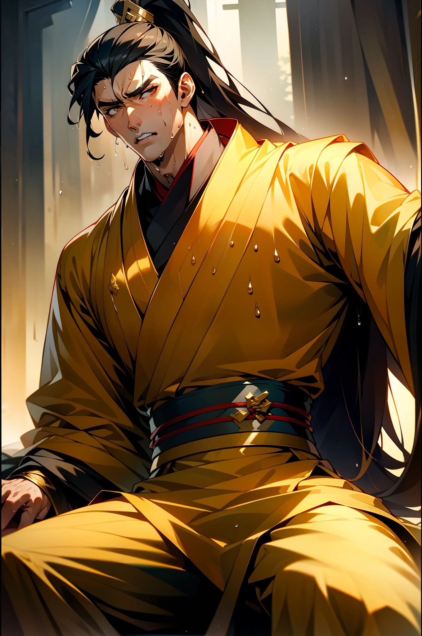 (8k), (highest quality), (masterpiece), two-dimensional, anime style, man (male warrior), sitting (straddling), crotch sweating, crotch sweating, muscles, correct proportions, face details, martial arts, high ponytail hairstyle, sweating, pectoralis sweating, abdominal sweating, face sweating, drooling, neck details, with Adam's apple, wet, wet, Hanfu costume, long robe, embroidered robe, dragon robe, clothes details, collar, long sleeves, game quality, swordsman demeanor, light and shadow tracing, ray tracing, detail glowing, CG rendering, Hair details, long black hair, golden eyes, sweaty face, handsome, handsome, sweat beads slipping down the neck, (juvenile feeling), complex clothing, wet, wet, perfect composition, refinement, high quality, more details, a lot of details, complex background, atmosphere,