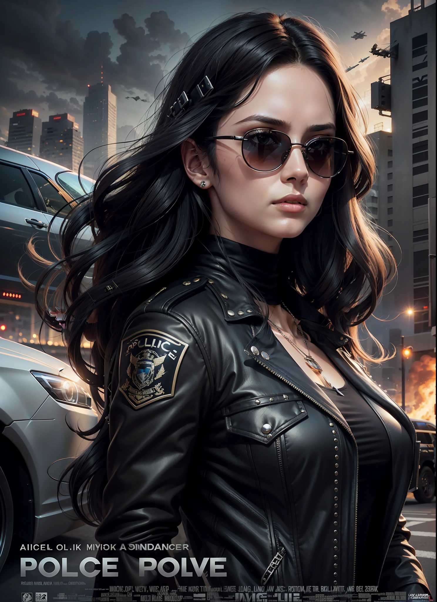 Police movie poster, beautiful woman, medium dark long hair, black sunglasses, black clothes, rivets, cars, airplanes, just one body