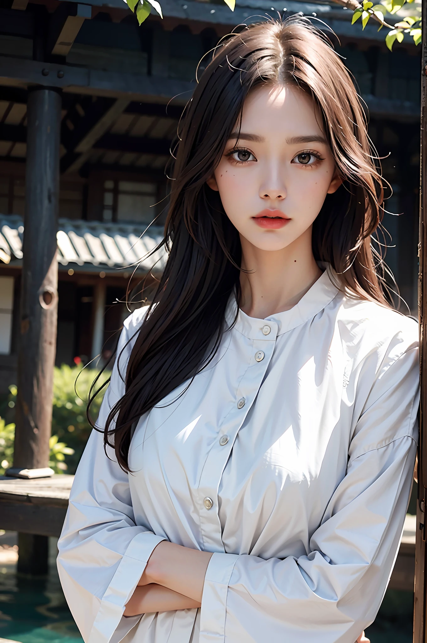 Close-up of a woman in a white-collar shirt, chest:1.2, crossed bangs, expressive hair, messy hair, closed mouth, mouth hold, longeyelashes: 1.5, black hair color, Gouviz-style artwork, Guvez, CGstation trend, raw photo, super high resolution, big brown eyes, long legs, thin legs, narrow waist, Tall woman, slim figure, dynamic lighting, depiction in great detail, depth of field, Japanese garden in background, ray tracing, 4K