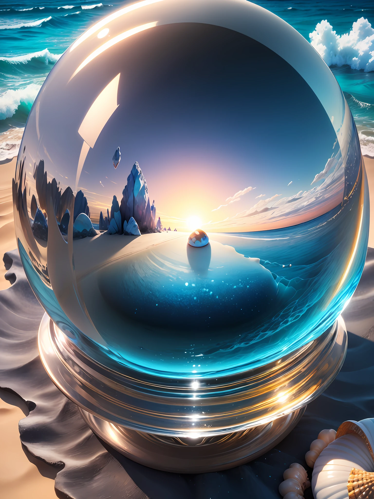 Ultra-realistic, 16K high resolution, (Max Sharp Focus: 1.3), (Max Close-up: 0.5), (Sandy beach trapped in a crystal perfect ball with pedestal on table: 1.7), (Blue waves, white sand, black clouds, thunder, crabs, shells: 1.3)