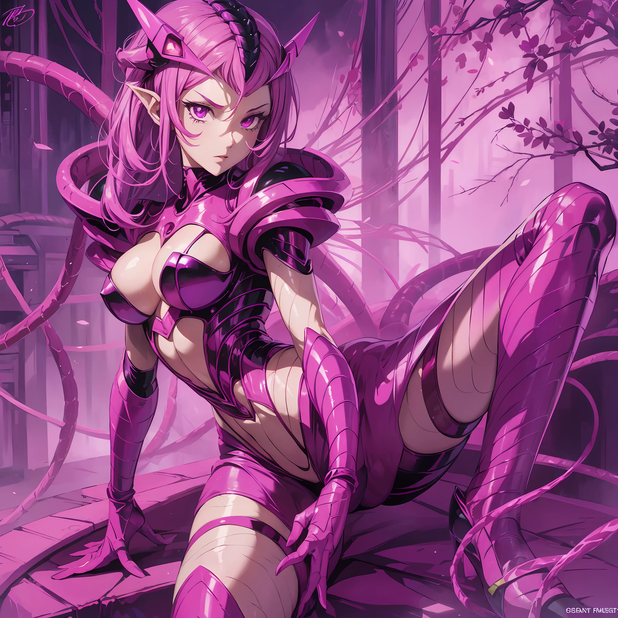 Cartoon photo of woman in magenta pink and purple costume, hot insect humanoid woman, Guyver style, NSFW version, red eye, scaraber reploid, tentacles imitating snake tail, cel shade adult animation, alien queen, serpentine pose, --auto --s2