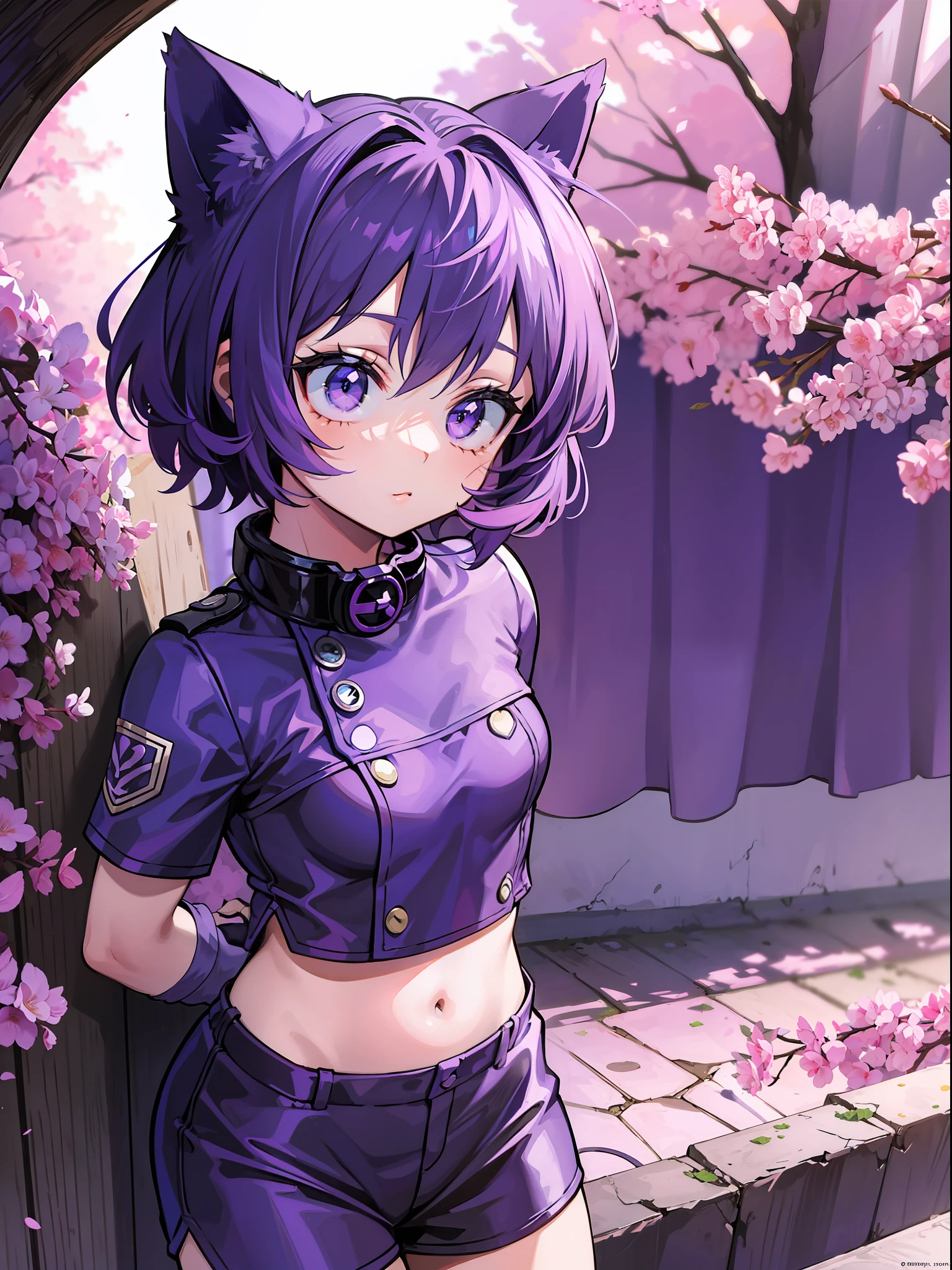 A , Short Hair, Purple Hair, Small Purple Cat Ears, A Purple Cat Tail, Hero Clothes, Amine Style