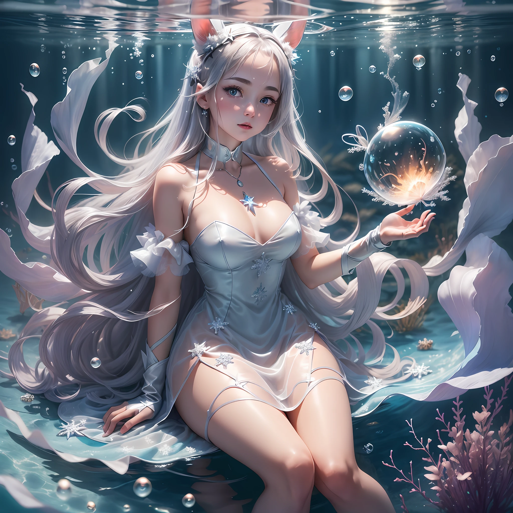 (1girl,rabbit girl),(girls in the new year),(((New year in underwater world))),(masterpiece:1.2), (best quality), (extremely detailed CG wallpaper:1.2), (best shadow), (cinematic lighting:1.2), depth of field, colorful, (sideways,side,from side,focus on bare side-chest,(bare side-chest)),sitting, (amazing),dynamic angle,floating, (happy new year), (underwater|night),rabbit ,snowflake texture silver hair and breasts, long_hair,(snowflake and bubble|firework texture gauze_dress,see- through gauze_dress:1.2),bare_shoulders,bare_breast,blue_eyes, medium_breasts, breast cutout(rabbit cutout),gloves, very_long_hair, sleeveless,looking_at_viewer, sleeveless_dress, bangs, see-through silver_ribbon, necklace, closed_mouth,eyebrows_visible_through_hair,(starry river under the water, star in the underwater,bubble|firework, air_bubble|star_firework),(bubble|firework blooming), fish,,,lantern,winter in the underwater world