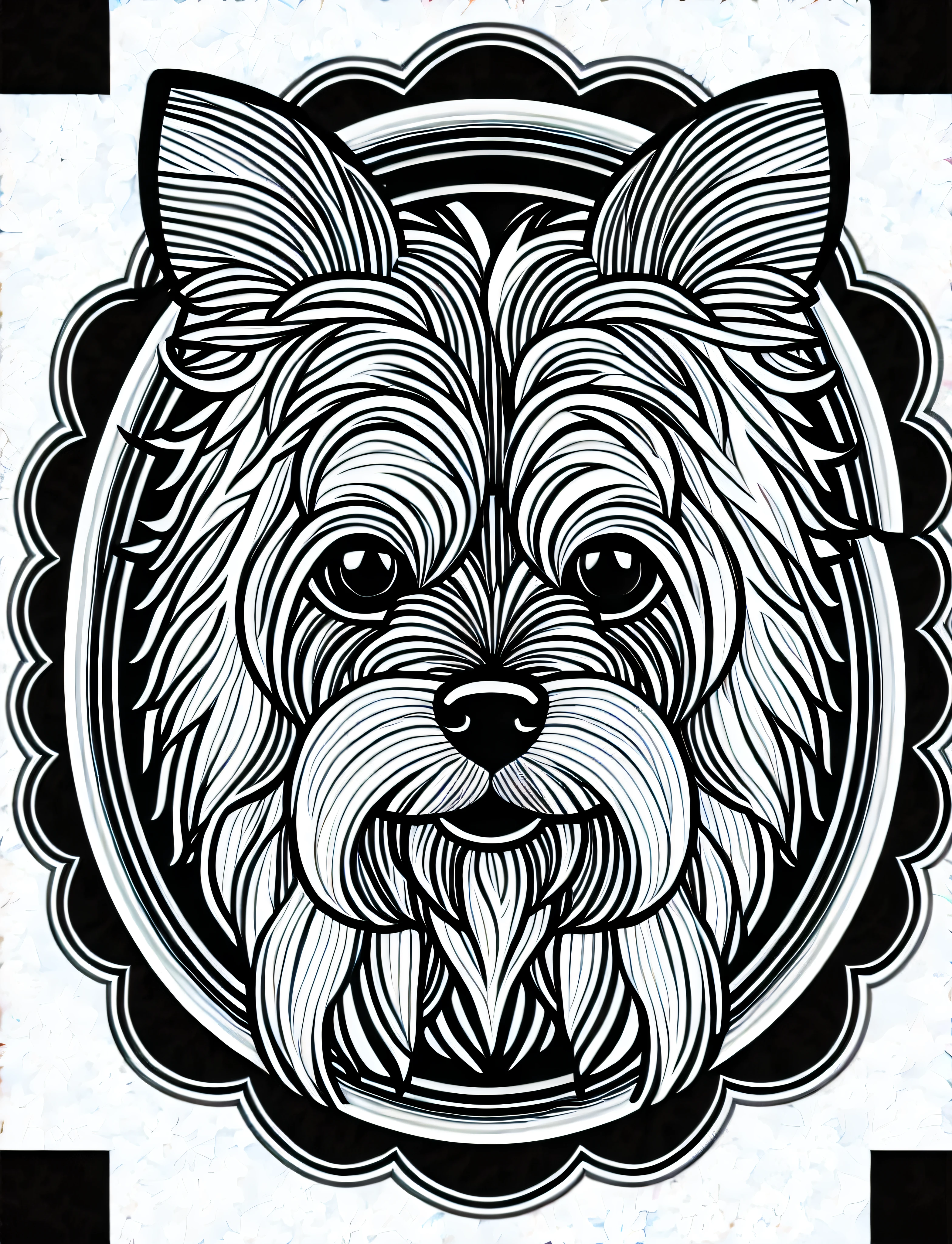 a Yorkshire Terrier style dog, fantasy, magical, mandala, unusual, black and white, wavy lines, realistic line art drawing, coloring book page, no noise, sharp thick lines, contour art, centered image, isolated on a white background