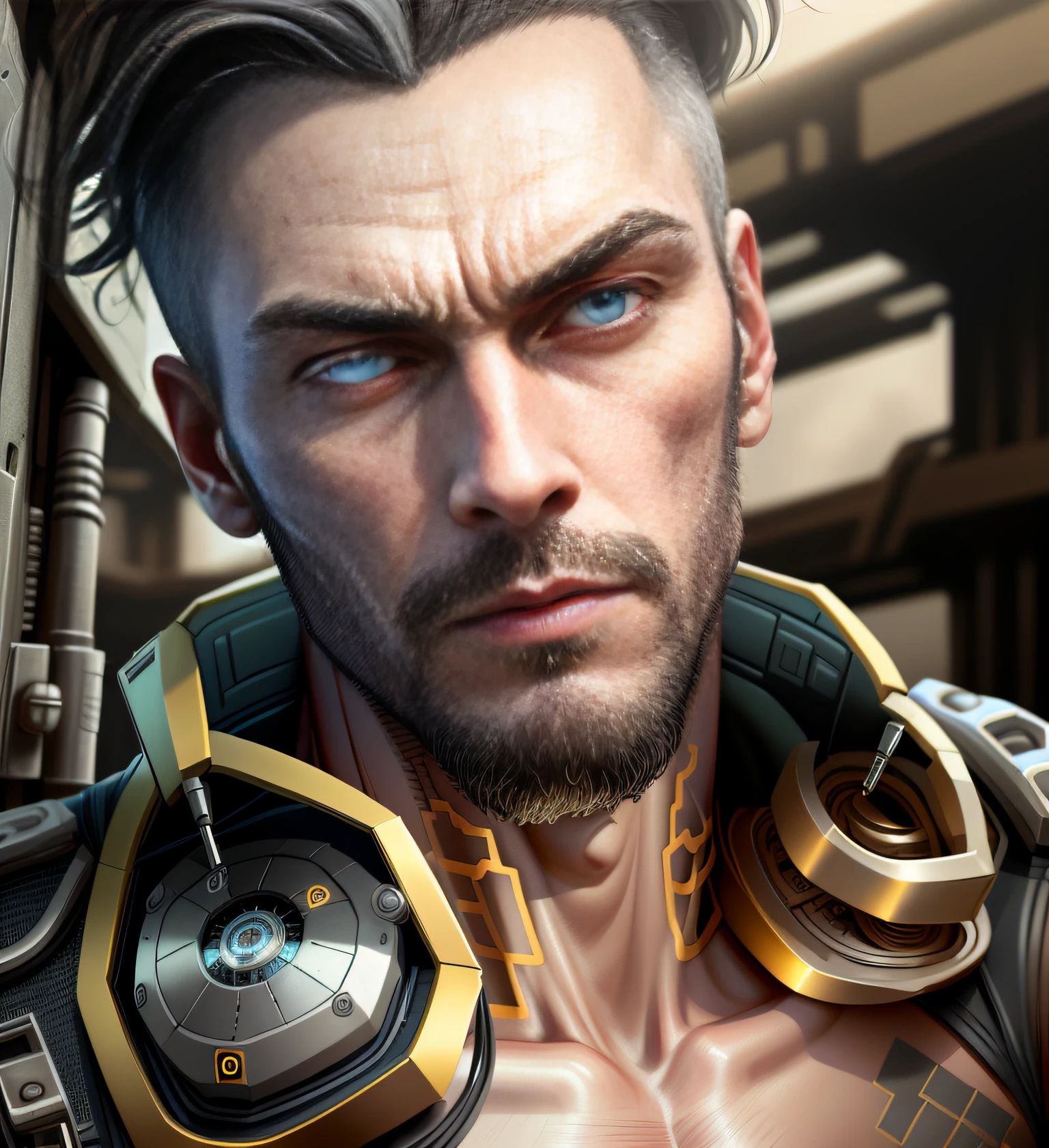 A cybernetic man in the range of 27 years old, muscular stereotype, with cowboy hat (mechanical parts: 1.5), fighting, bright eyes, short hair, tight supersuit torn, in a destroyed city, smoke and fire, aura of brilliant power, dynamic pose, dynamic vision, hyper detailed, 8k quality, with tattoo on the arm, mechanical roman watch on the chest, merge images,  hyper realism. Enjoy original photo base, mechanical and human bust. With gray goatee and gray hair.