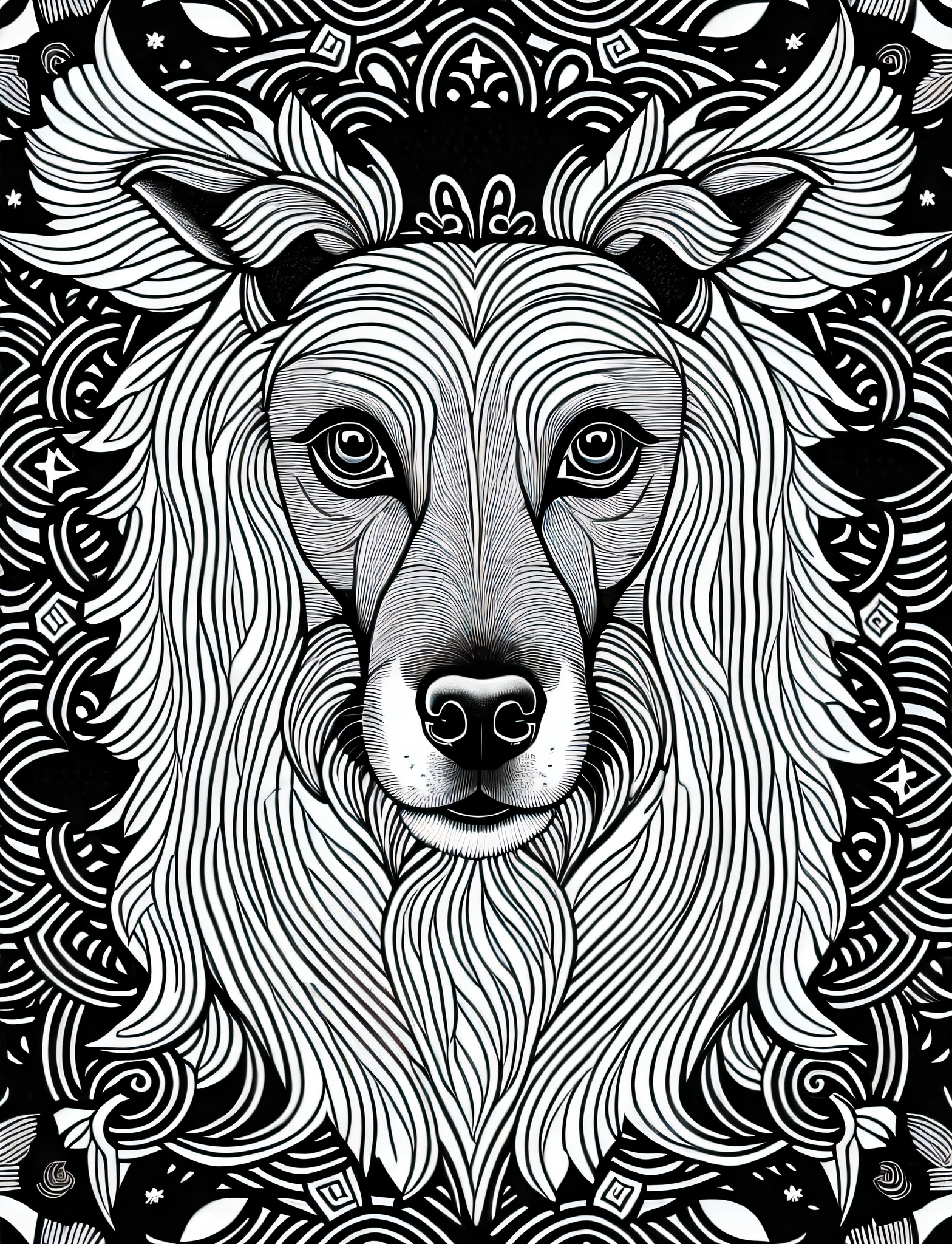 a Chinese Crested Dog style dog, fantasy, magical, mandala, unusual, black and white, wavy lines, realistic line art drawing, coloring book page, no noise, sharp thick lines, contour art, centered image, isolated on a white background