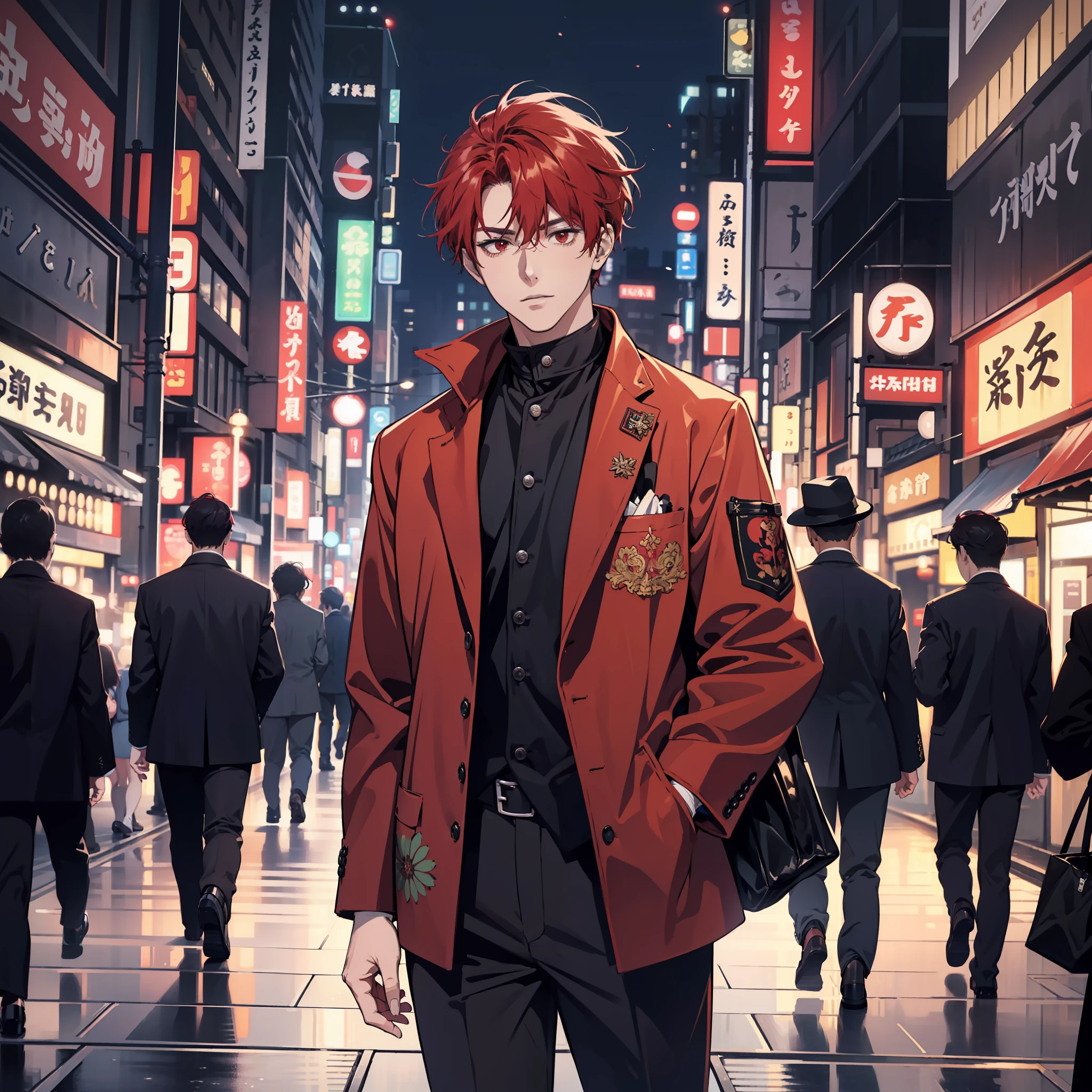 (The picture quality is high-definition, a man stands in the city), ((The painting style is real style, the camera pushes the outside line, the lighting is dim and pleasant)), Tokyo night view, enjoy the high-rise buildings, the whole picture is mysterious and soft, the streets are full of vitality, sculptures and street lamps become the picture embellished, the distant traffic gradually moves away, the whole picture is full of the romance and unique imprint of Tokyo night.
Red hair, red black jacket, male, red eyes, hair Morgan differential