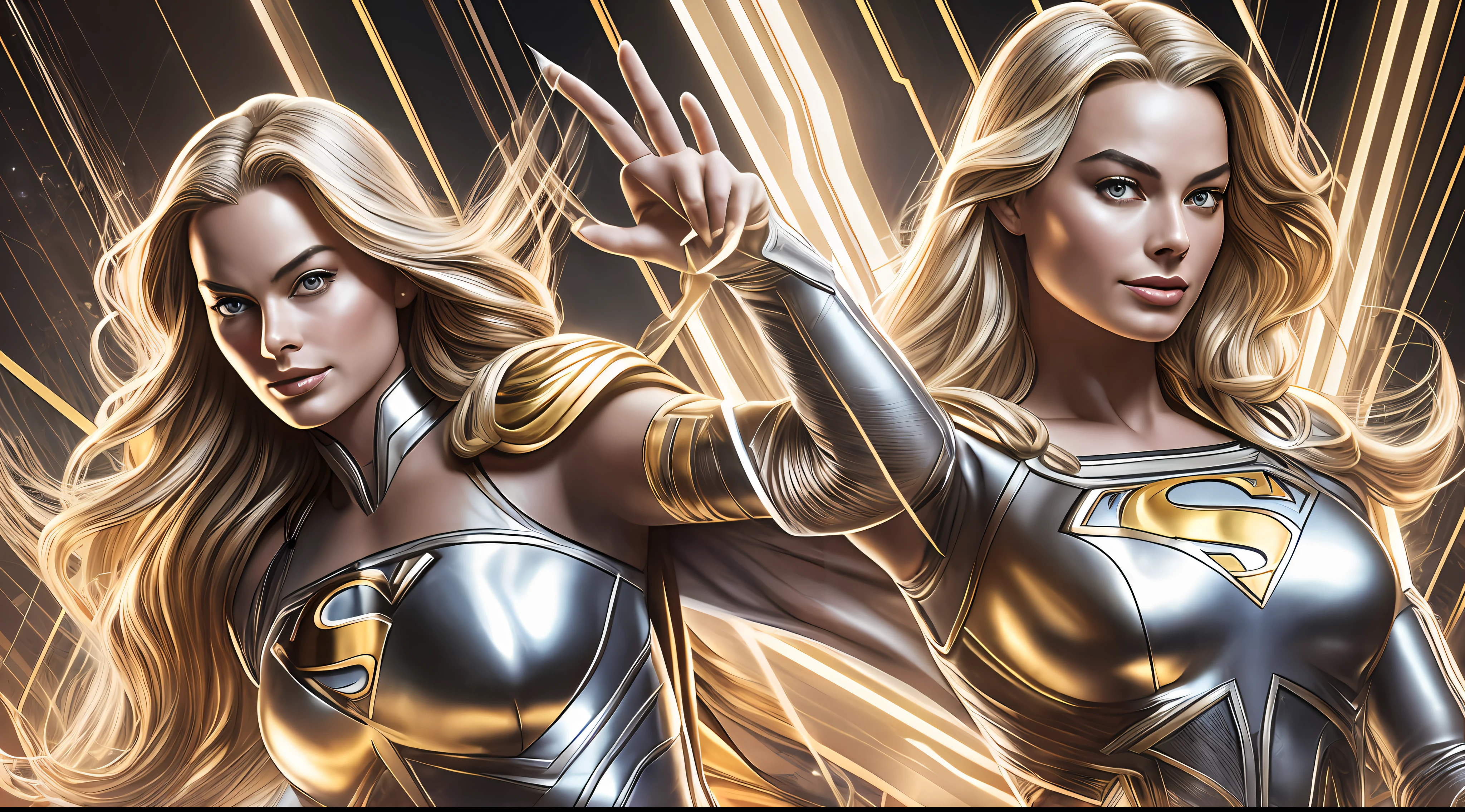 Margot Robbie beautifully in a silver and gold costume with a Superman symbol on her chest, Power Girl, Supergirl, Chris Moore. artgerm, beautiful comic art, extremely detailed artgerm, female superhero proportions, superhero body, high detail comic book art, artgerm julie bell beeple, dc comics art style, perfect anatomy, hands with 4 fingers and 1 thumb, rendered in 8K resolution for high quality detail, 8K image quality, 8K high resolution image, hyper detailed, super realistic, intricate details
Negative prompts --auto --s2