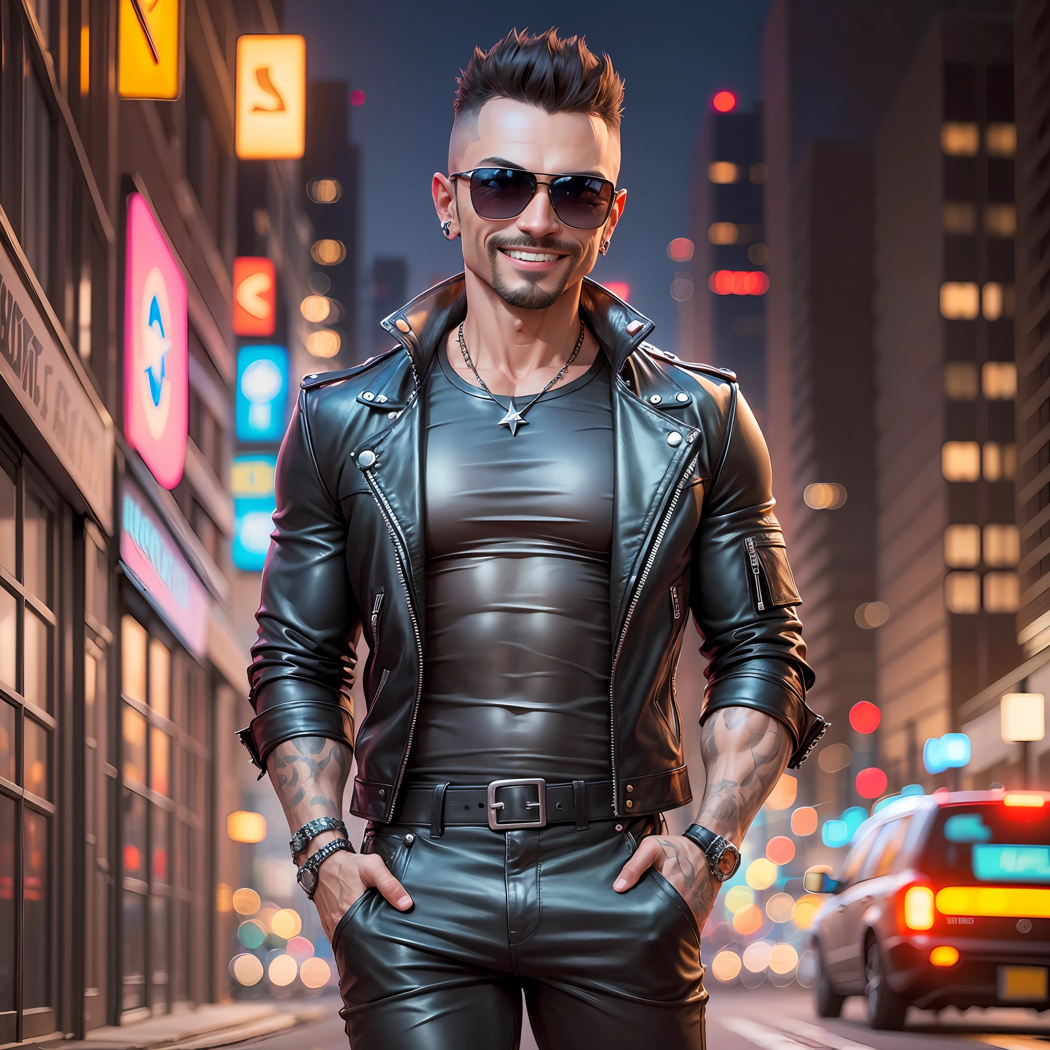 ((full body portrait of)) star antonio biaggi ((wearing a)) black leather jacket ((and)) aviator sunglasses, ((smiling)) in front of an ((urban)) backdrop. the city behind him is alive with bright lights and bustling with energy. he appears confident and powerful, with toned muscles and a chiseled jawline., ultra high res, best quality, 8k, raw photo --auto --s2